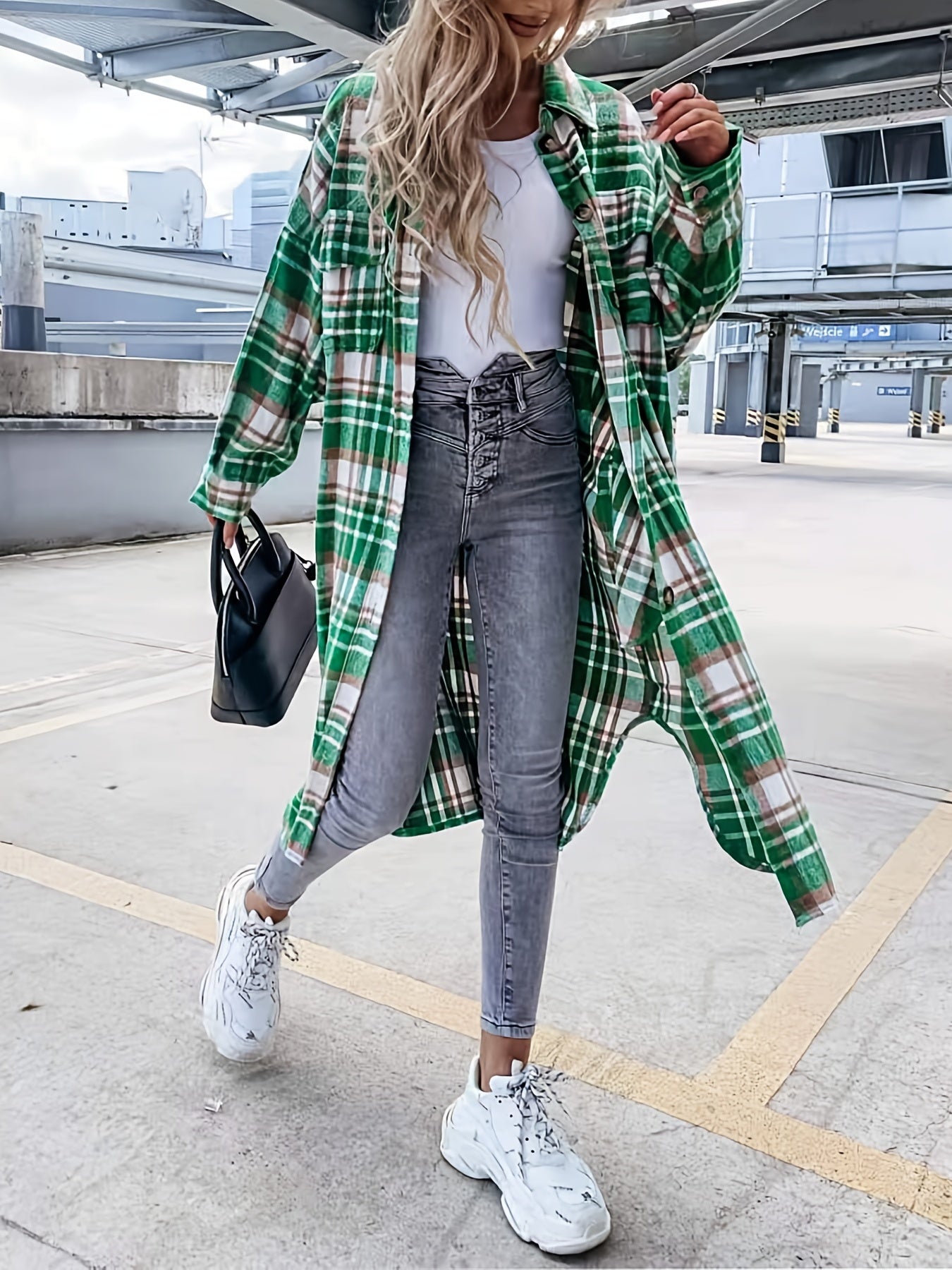 Plaid Print Long Jacket, Casual Button-Front with Flap Pockets.