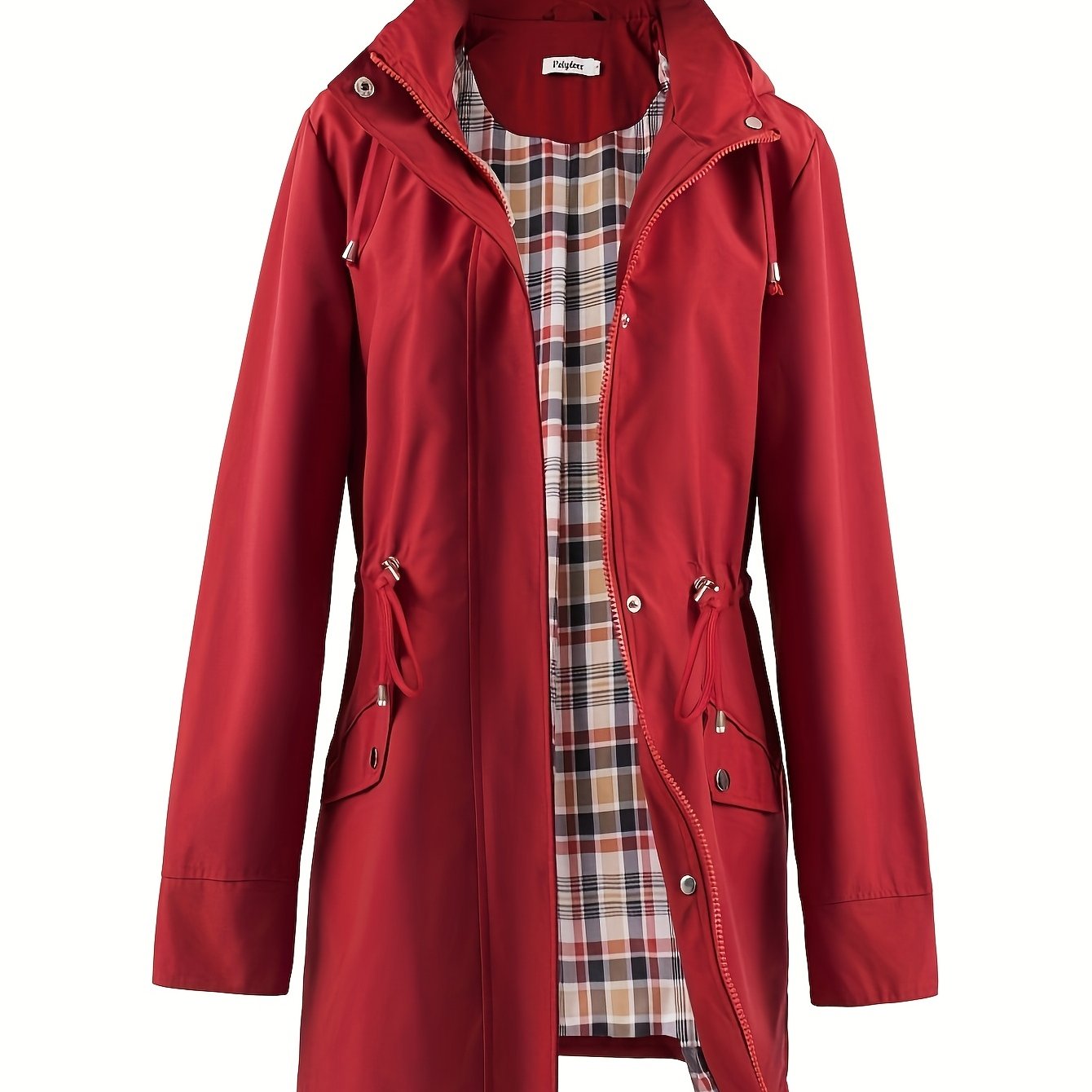 POLYDEER Women's Lightweight Waterproof Raincoat - Elegant Green Hooded Windbreaker with Plaid Lining, Adjustable Waist & 3 Pockets - Breathable, Zip-Up Casual Jacket for All Seasons