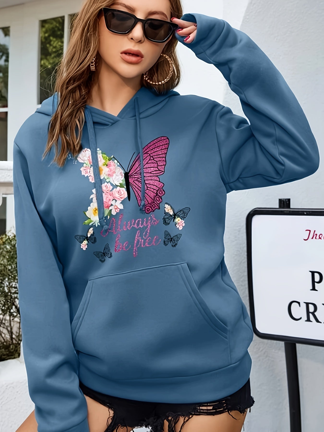 Butterfly & Floral Print Drawstring Hoodie, Casual Long Sleeve Kangaroo Pocket Sweatshirt, Women's Clothing