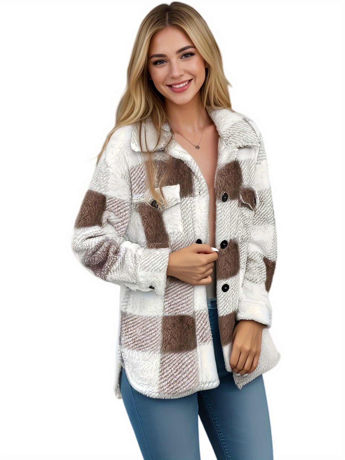 Elegant Plush Winter Jacket - Polyester and Elastane, Checkered Pattern, High Stretch Fabric, Machine Washable, Knitted Style