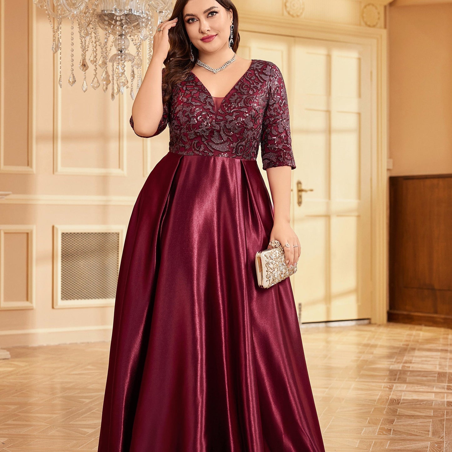Elegant Navy Blue Sequin V-Neck Dress with Slim Fit Waist - Mid-Sleeve, A-Line Wedding & Banquet Gown, Polyester, Hand Washable