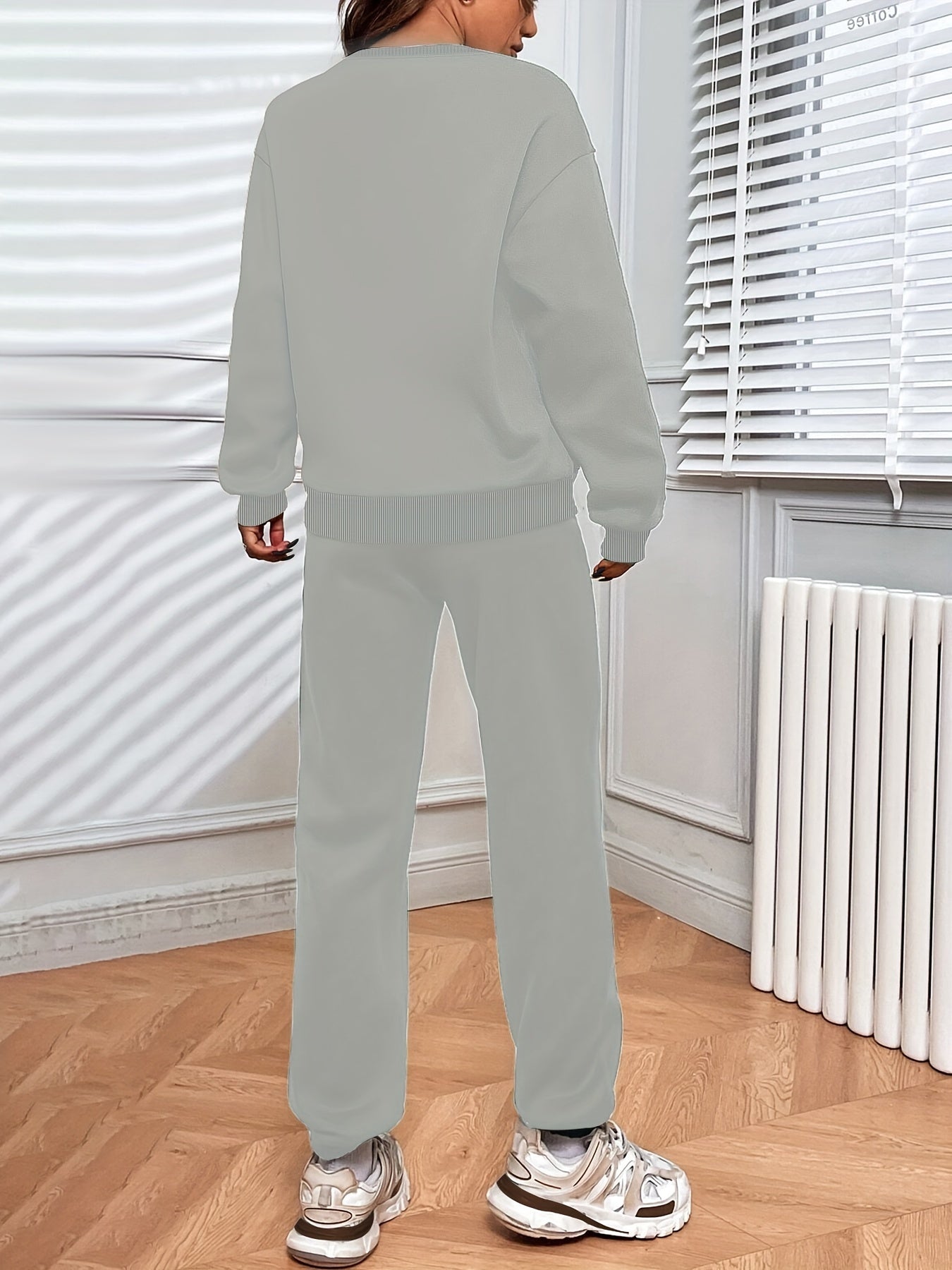 Solid Casual Two-piece Set, Crew Neck Top & Drawstring Jogger Pants
