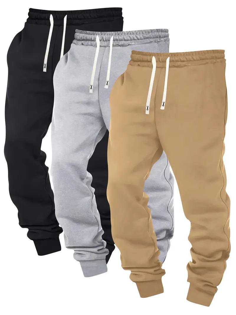 3pcs Men's Joggers - Solid Color, Drawstring Waist, Casual Athletic Sweatpants