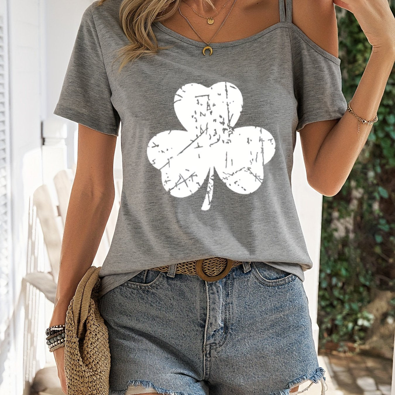 Stylish Heart Print One Shoulder Short Sleeve T-shirt - Elegant Asymmetrical Polyester Top with Micro Elasticity - Perfect for Summer, Womens Regular Length Knit Fabric Clothing