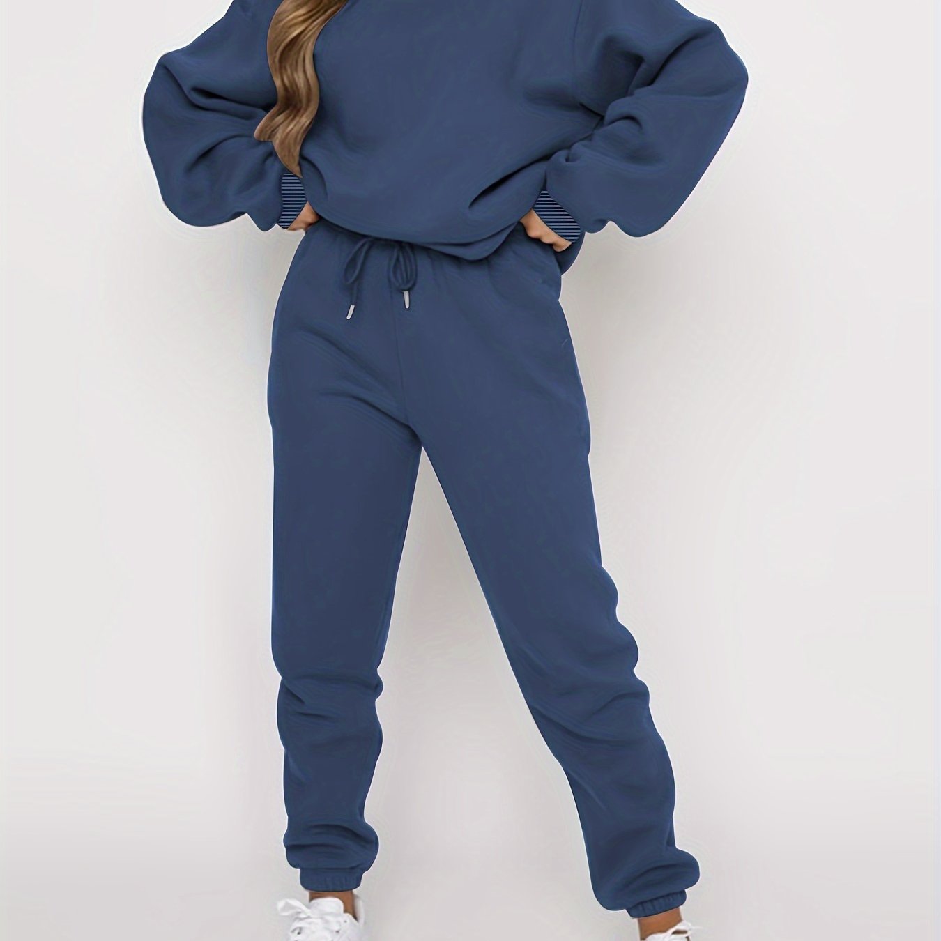 Solid Casual Two-piece Set, Crew Neck Top & Drawstring Jogger Pants