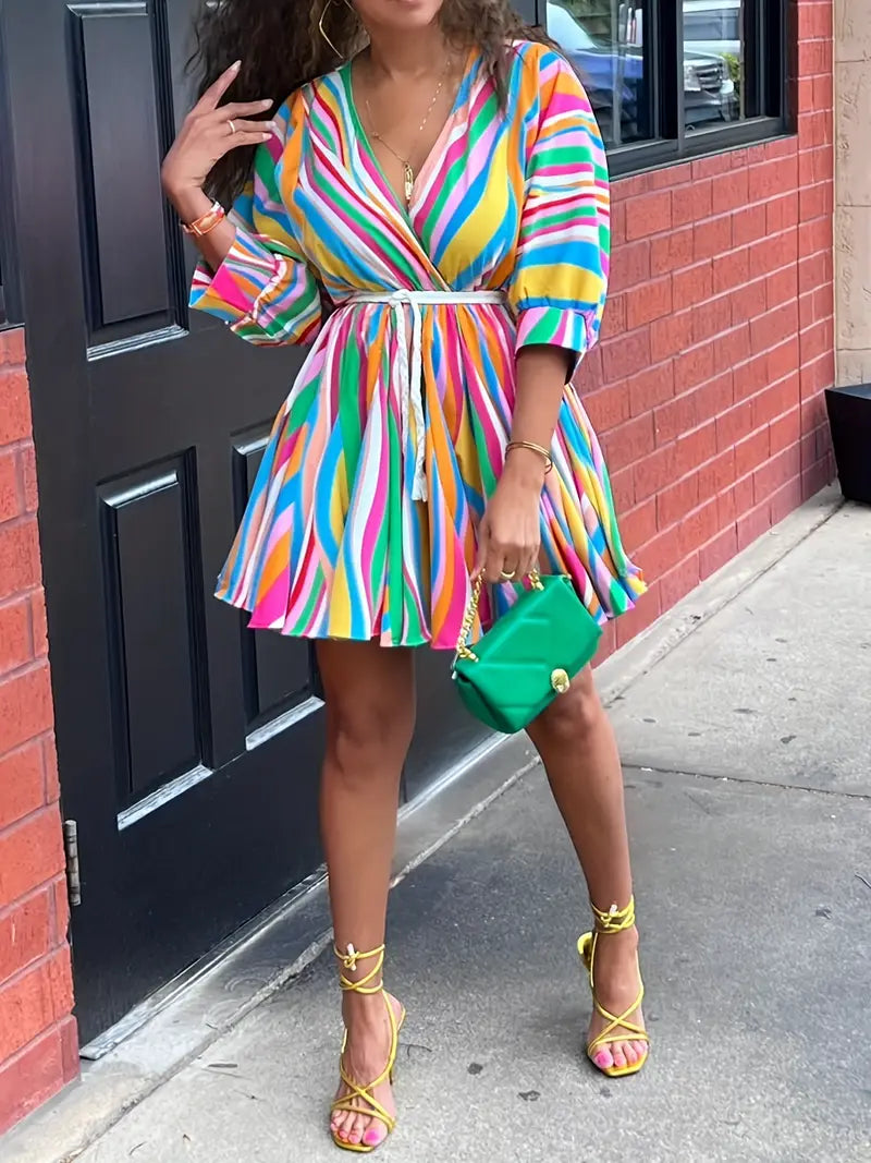 Colorful Striped V-Neck Belted A-Line Dress – Long Sleeve, Machine Washable, Vibrant Streetwear