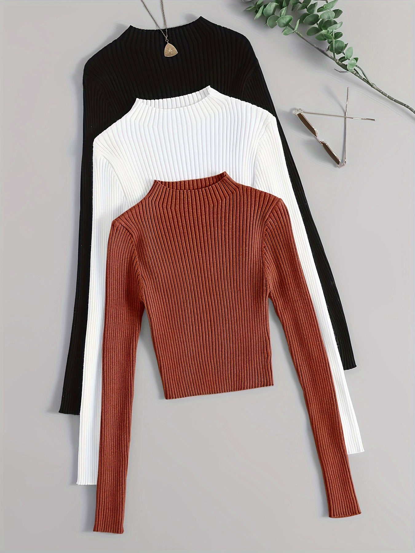 Solid Mock Neck Rib Knit Top 3-Pack - Casual Long Sleeve Slim Sweater