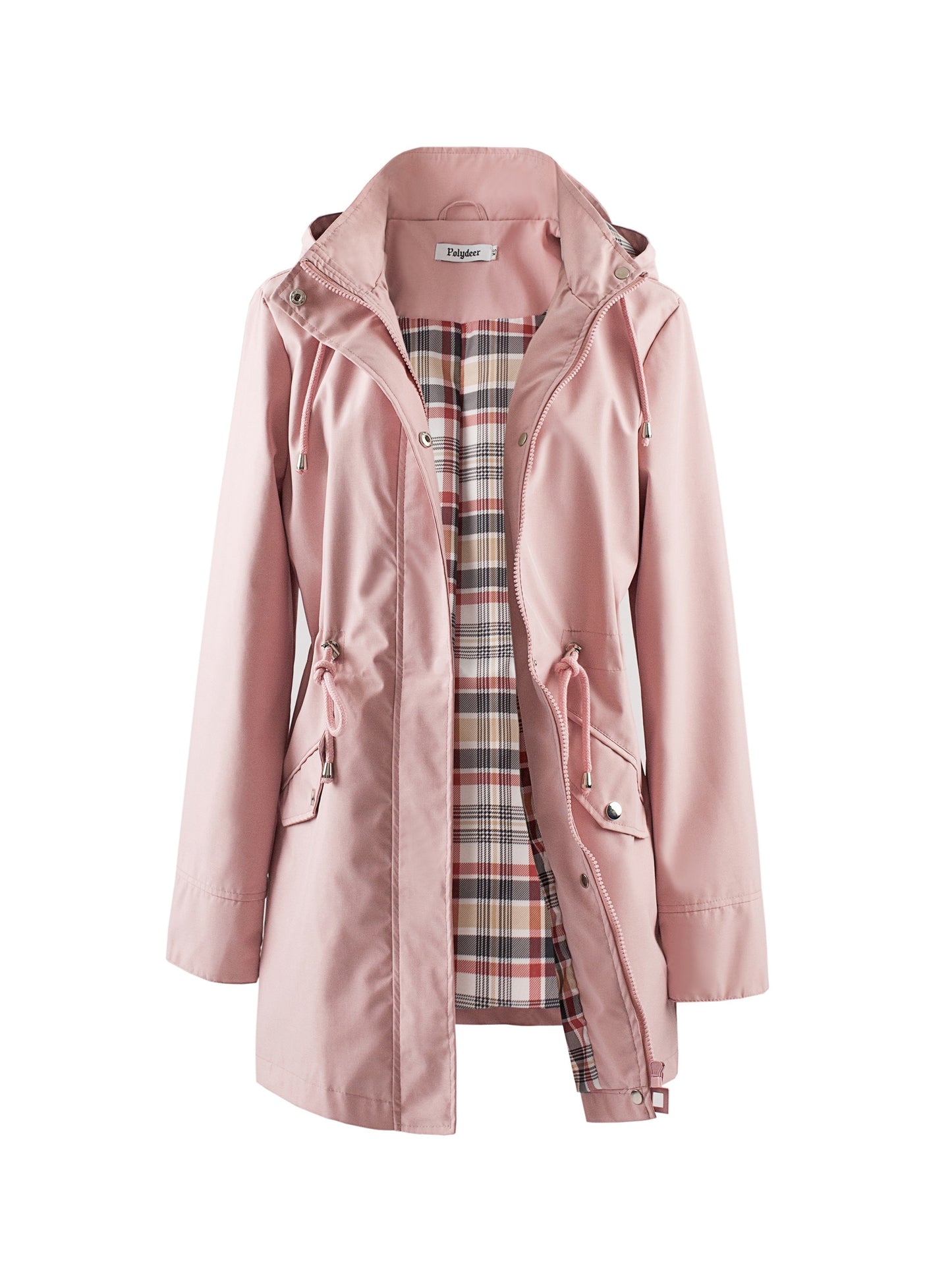 POLYDEER Women's Lightweight Waterproof Raincoat - Elegant Green Hooded Windbreaker with Plaid Lining, Adjustable Waist & 3 Pockets - Breathable, Zip-Up Casual Jacket for All Seasons