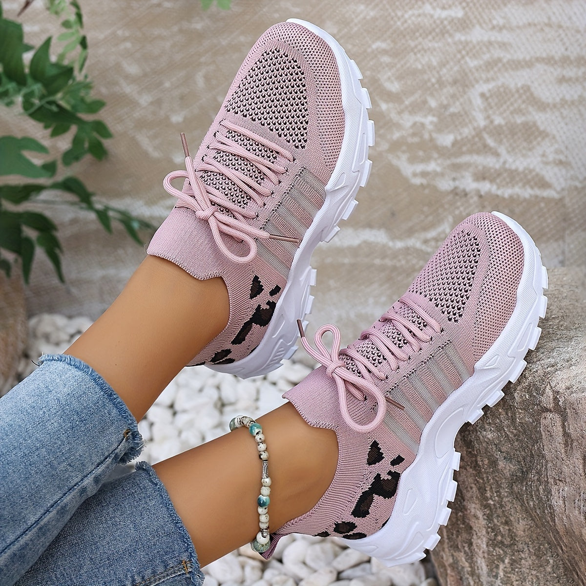 Women's Leopard Print Lace-up Running Shoes, Breathable Platform (Plus Size)