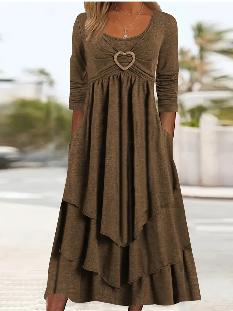 Heart Ring Decor Ruffle Layered Dress – Casual Crew Neck, Long Sleeve