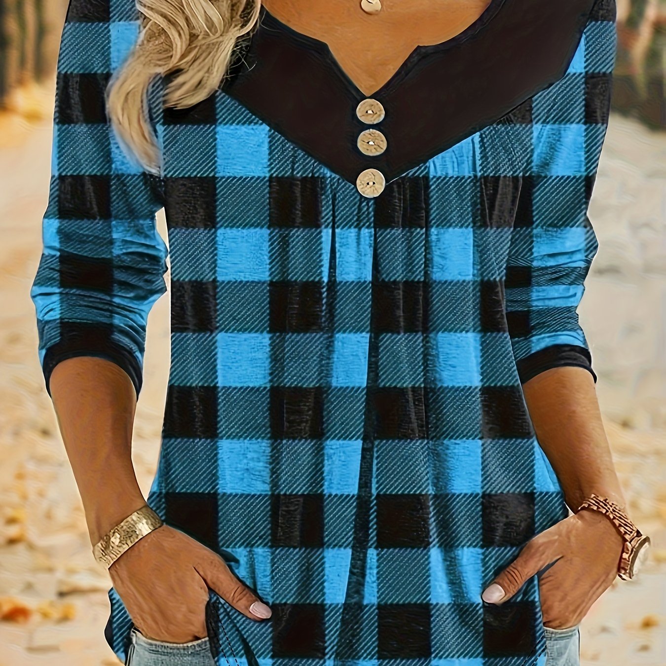 Camiseta xadrez com decote em V para mulheres, estilo boho, mangas compridas.