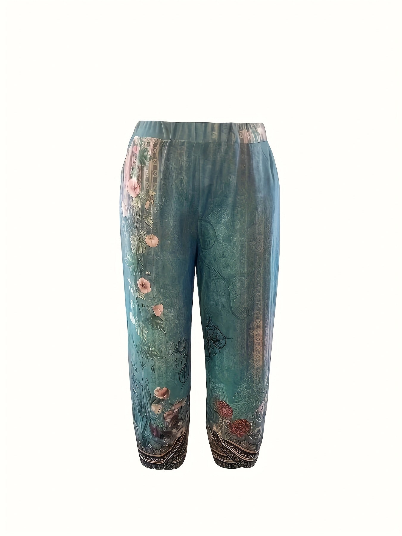 High Waist Floral Print Baggy Crop Pants, Casual Elastic Asymmetric Hem Slant Pockets Pants For Spring & Summer, Women's Clothing
