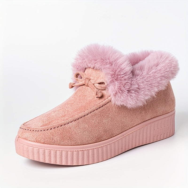 Women's Solid Color Boots, Bowknot Decor Round Toe Non-slip Soft Thick Sole Fluffy Velvet Warm Boots, Winter Comfy Shoes