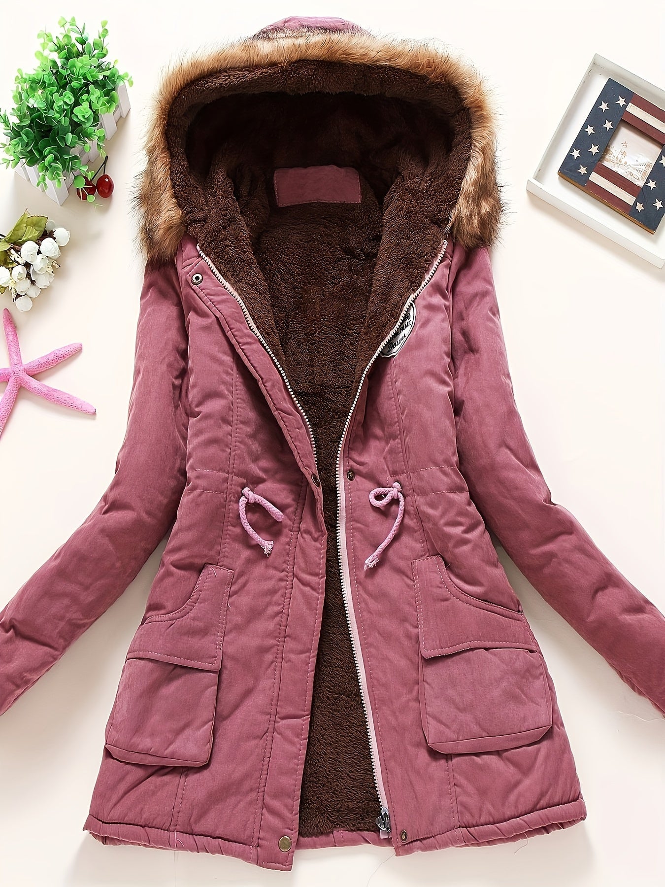 Winter Hooded Fleece Jacket, Zip-Up with Fur Collar