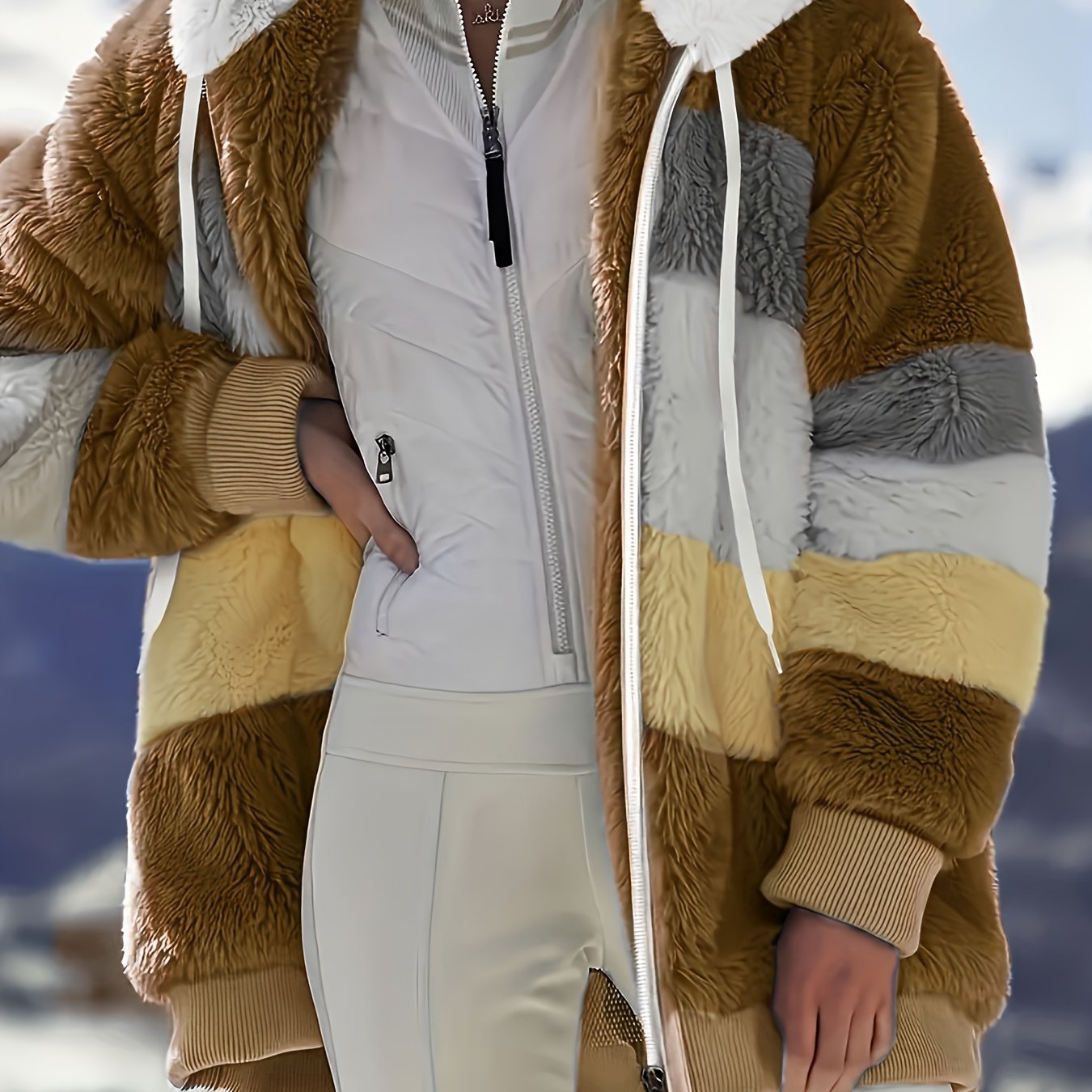 Color Block Fuzzy Hooded Coat, Casual Winter Outerwear.