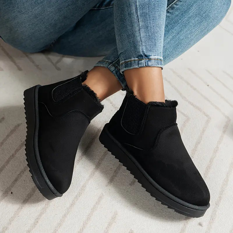 Kurze Stiefel für Damen in Volltonfarbe – Lässiger Slipper, Plüschfutter, bequeme Winterstiefel