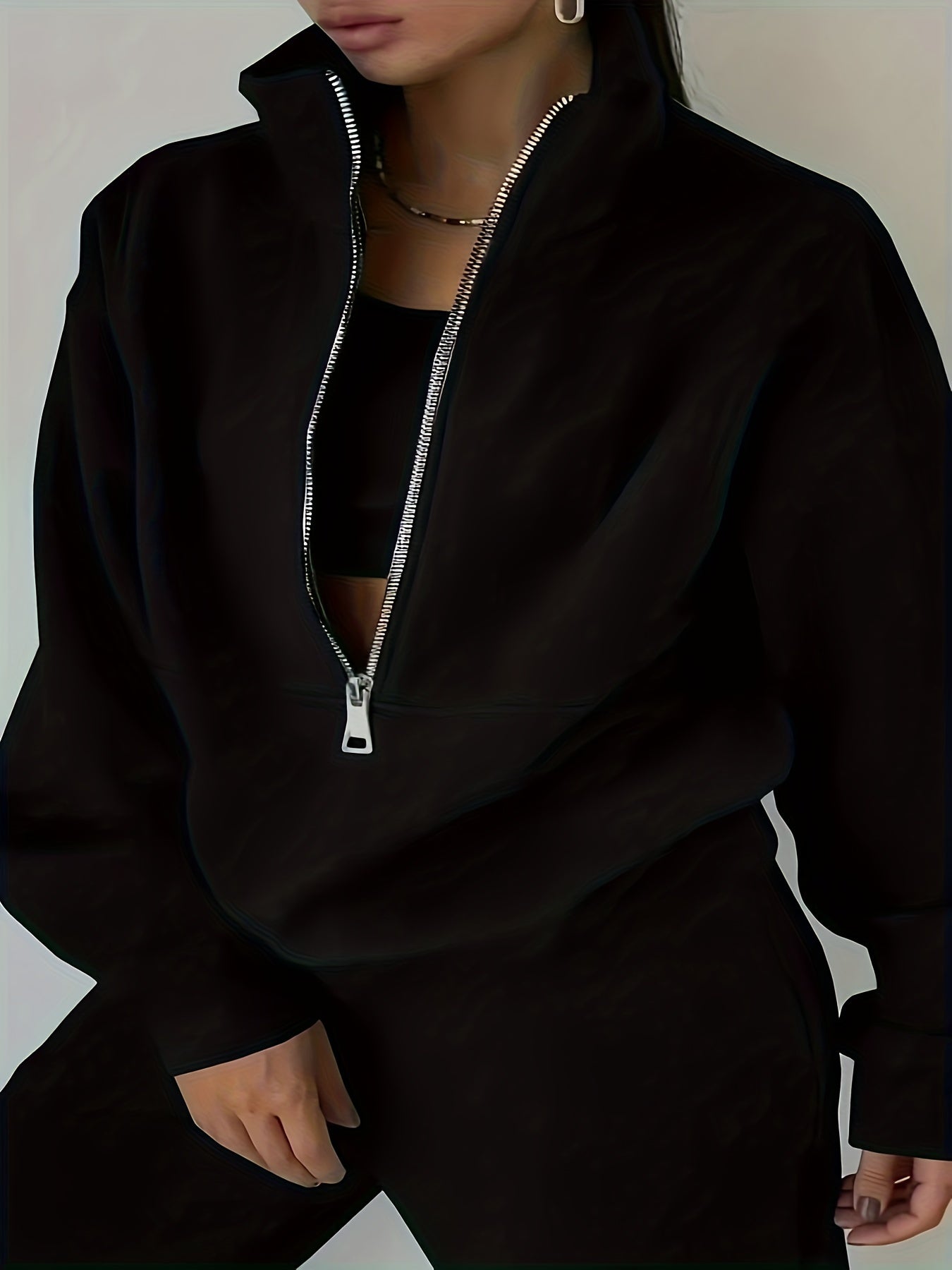 Solid Two-piece Set, Zip Front Sweatshirt & Elastic Waist Pants