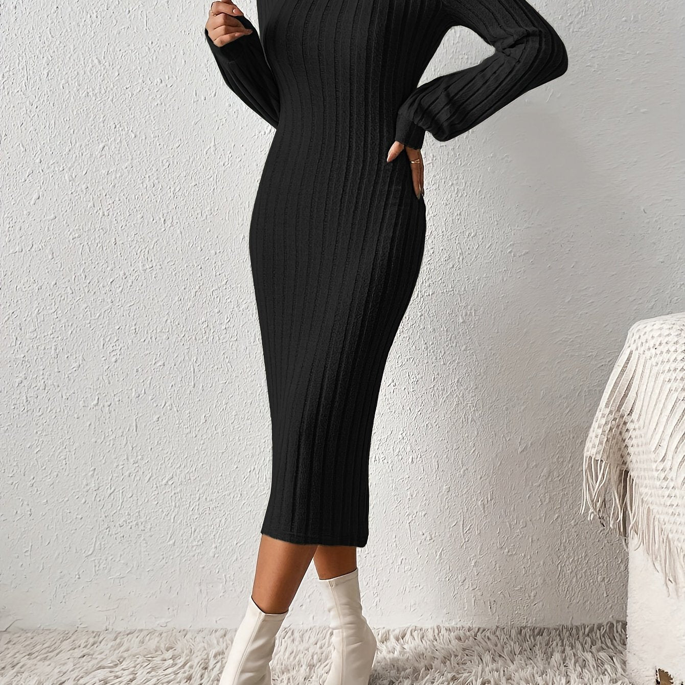 Vestido justo com nervuras, gola alta elegante, manga comprida, para mulheres.