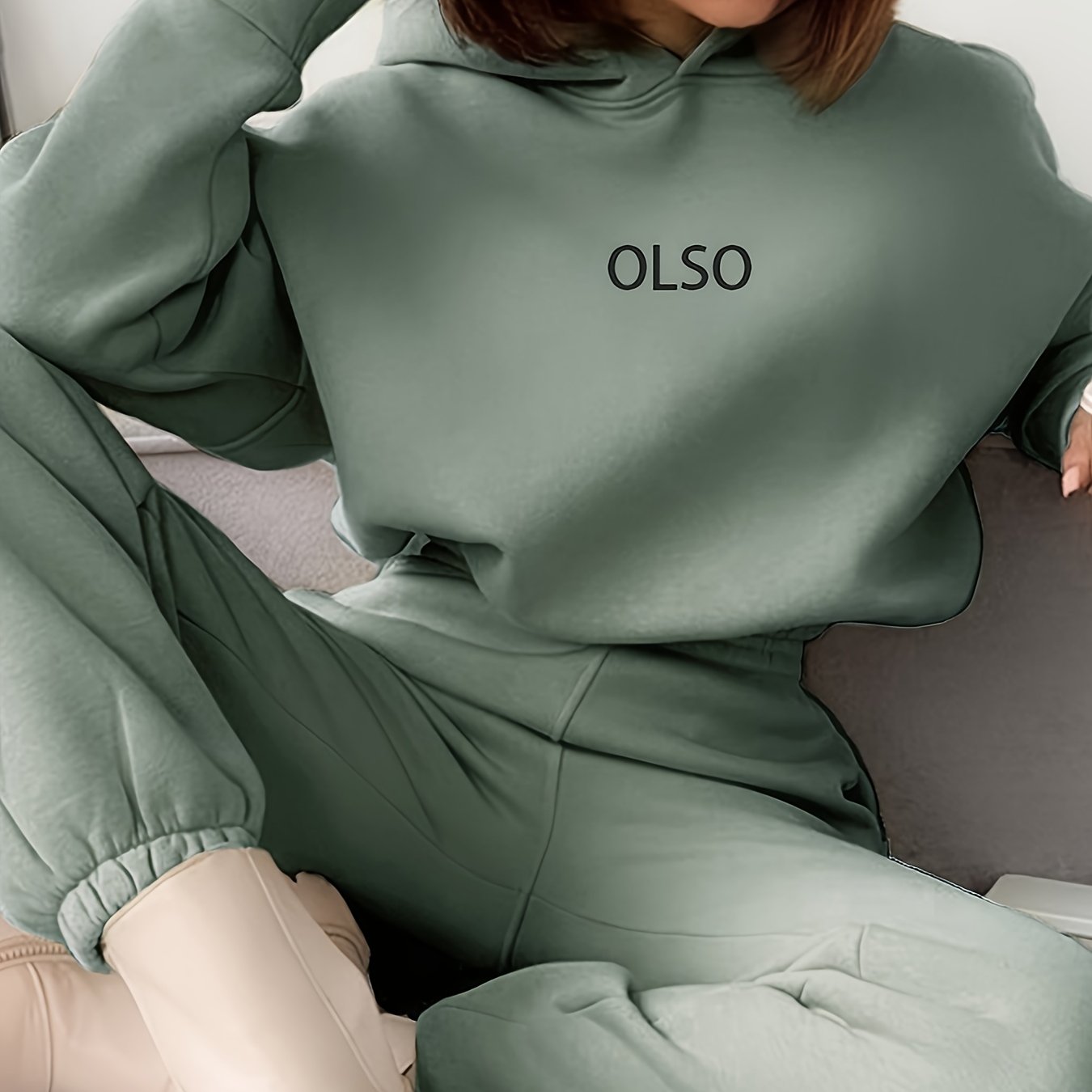 Casual Two-Piece Set - Letter Print Hooded Sweatshirt & Elastic Waist Sweatpants