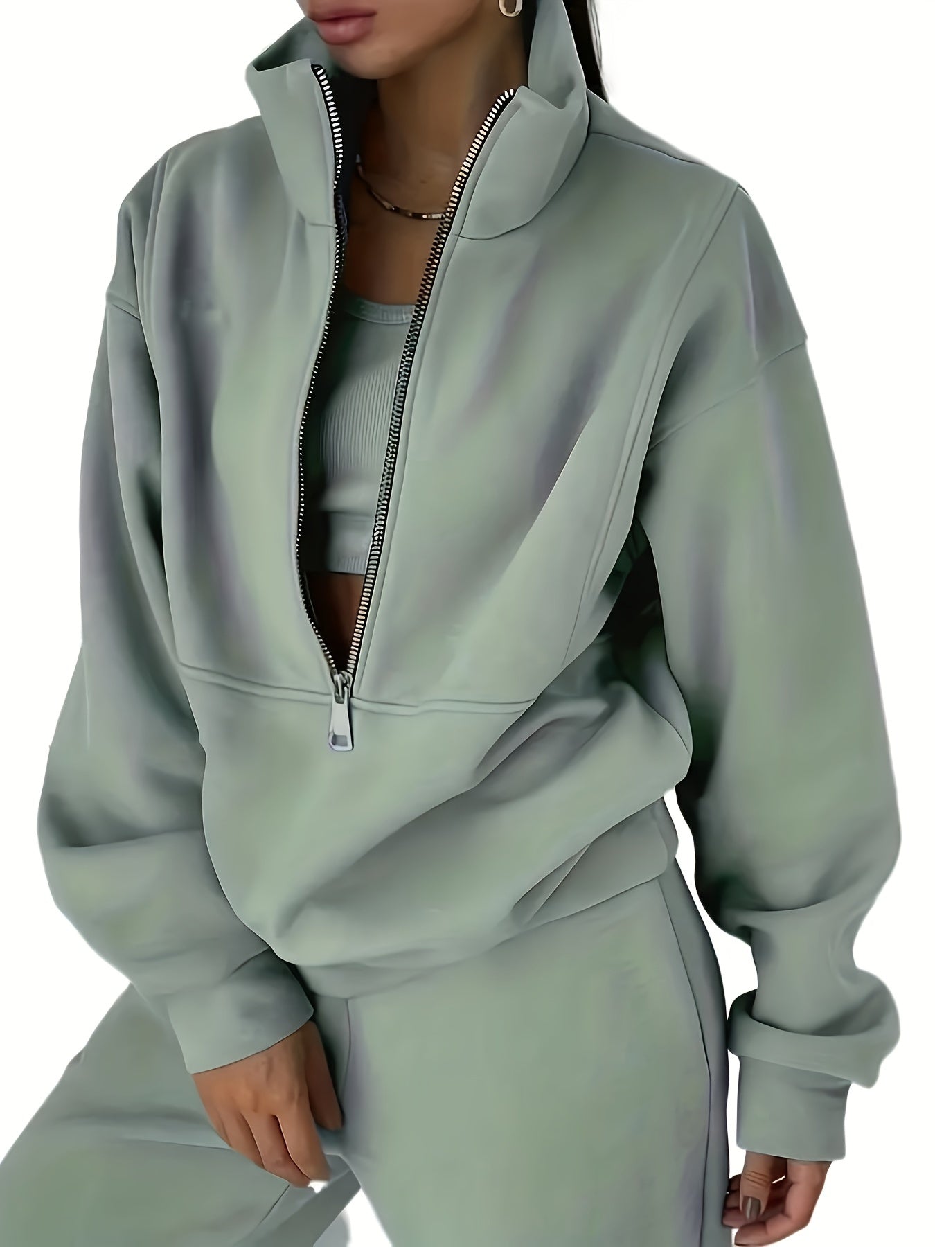 Solid Two-piece Set, Zip Front Sweatshirt & Elastic Waist Pants