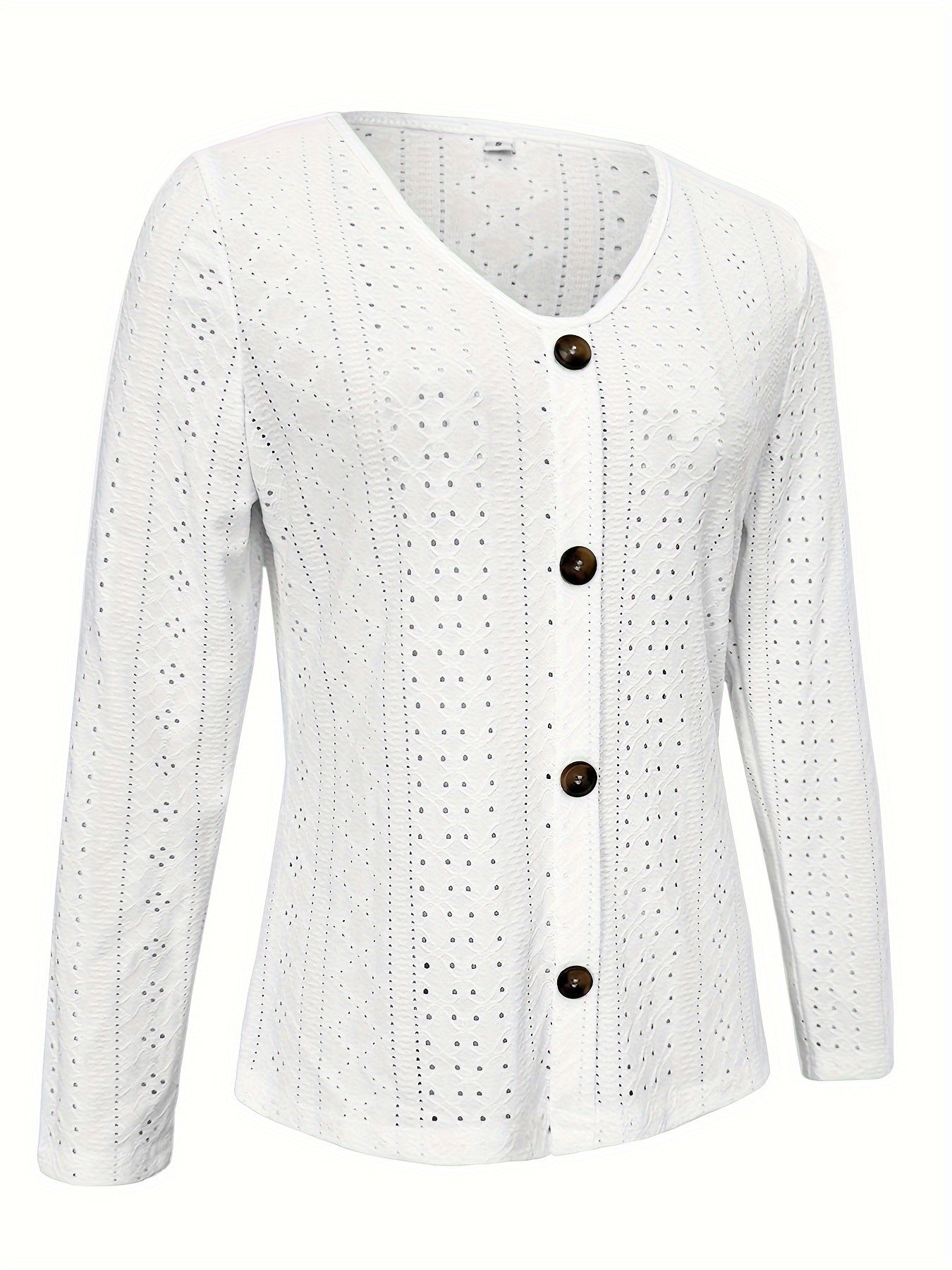 Eyelet Button Front T-Shirt, Casual V-Neck, Long Sleeve for Spring & Fall.