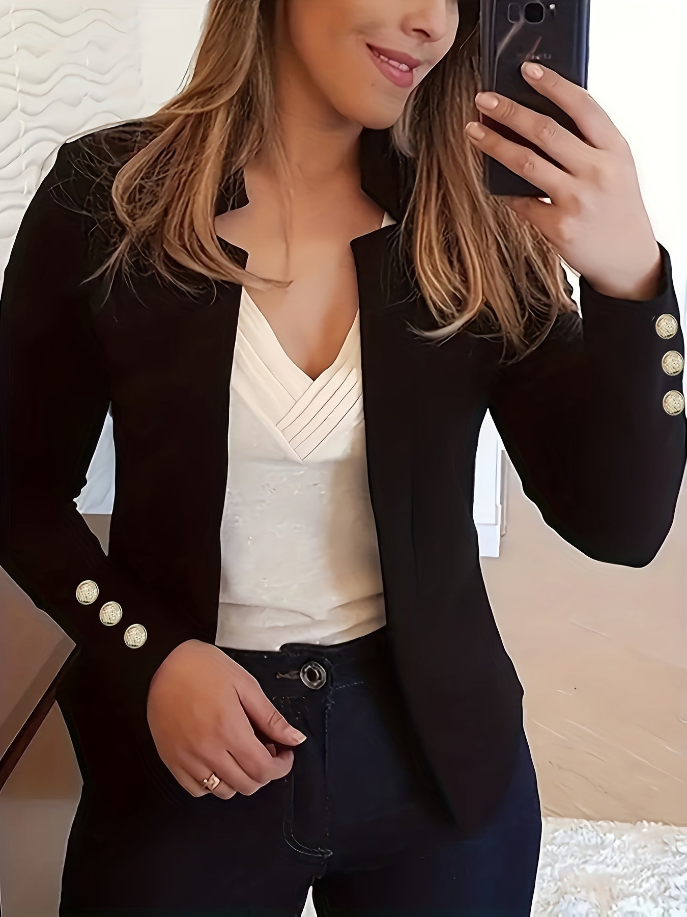 Solid Open Front Blazer, Casual Long Sleeve Button Blazer For Office & Work, Women's Clothing