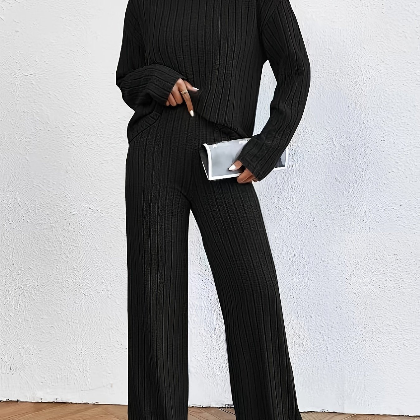 Solid Ribbed Two-piece Set, Mock Neck T-shirt & Wide Leg Pants