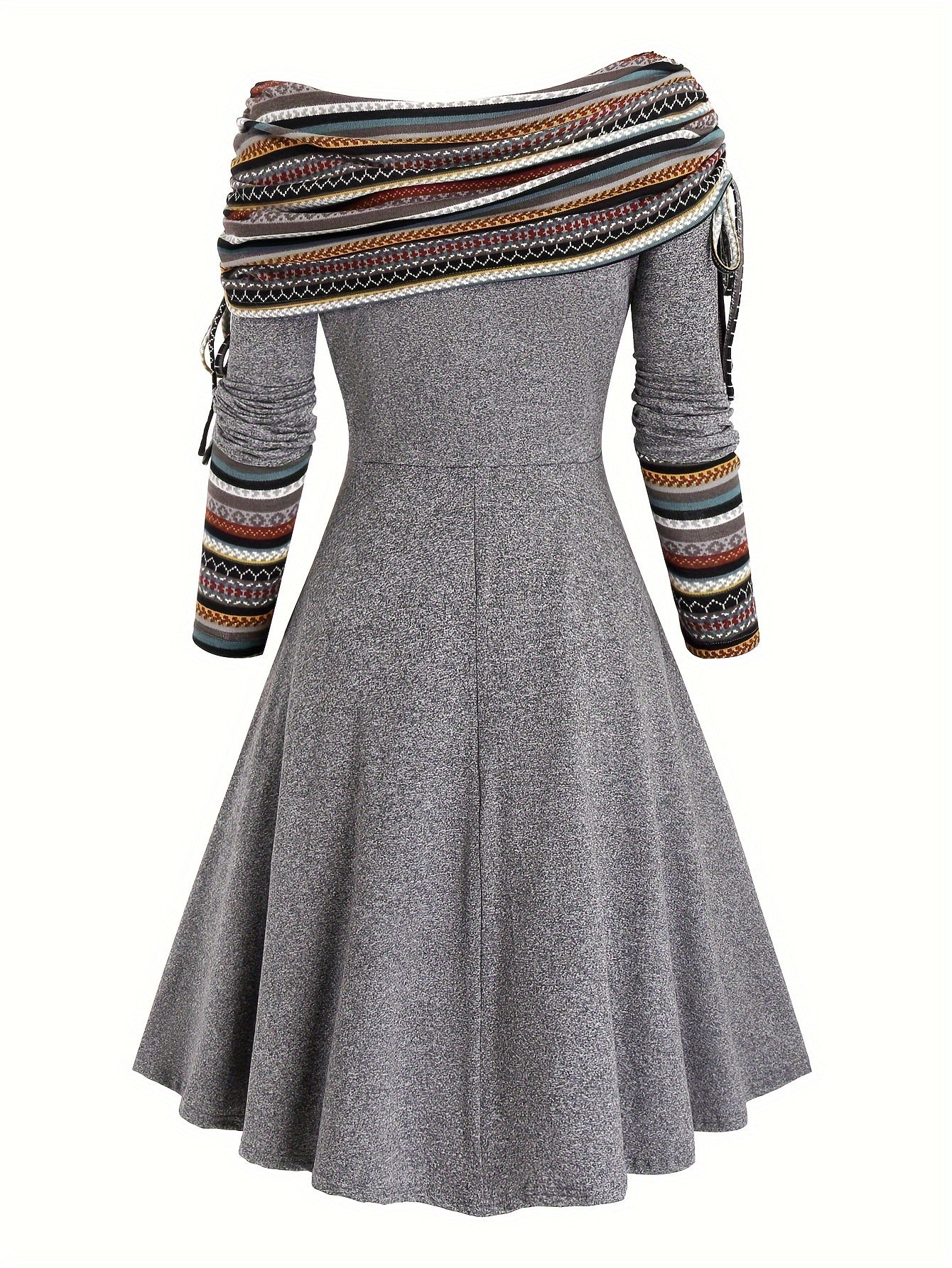 Ethnic Striped Off-Shoulder Dress with Drawstring.