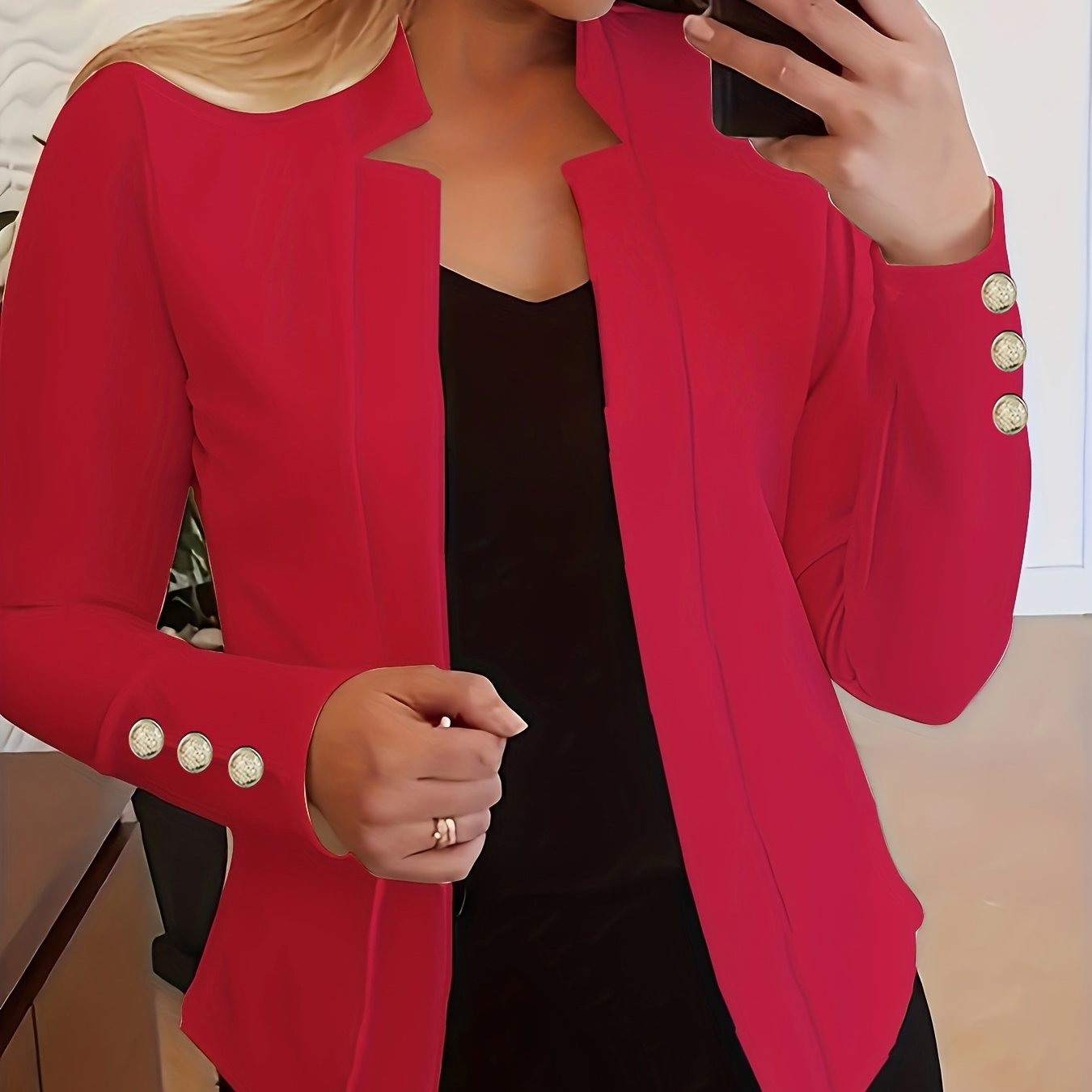 Solid Open Front Blazer, Casual Long Sleeve Button Blazer For Office & Work, Women's Clothing
