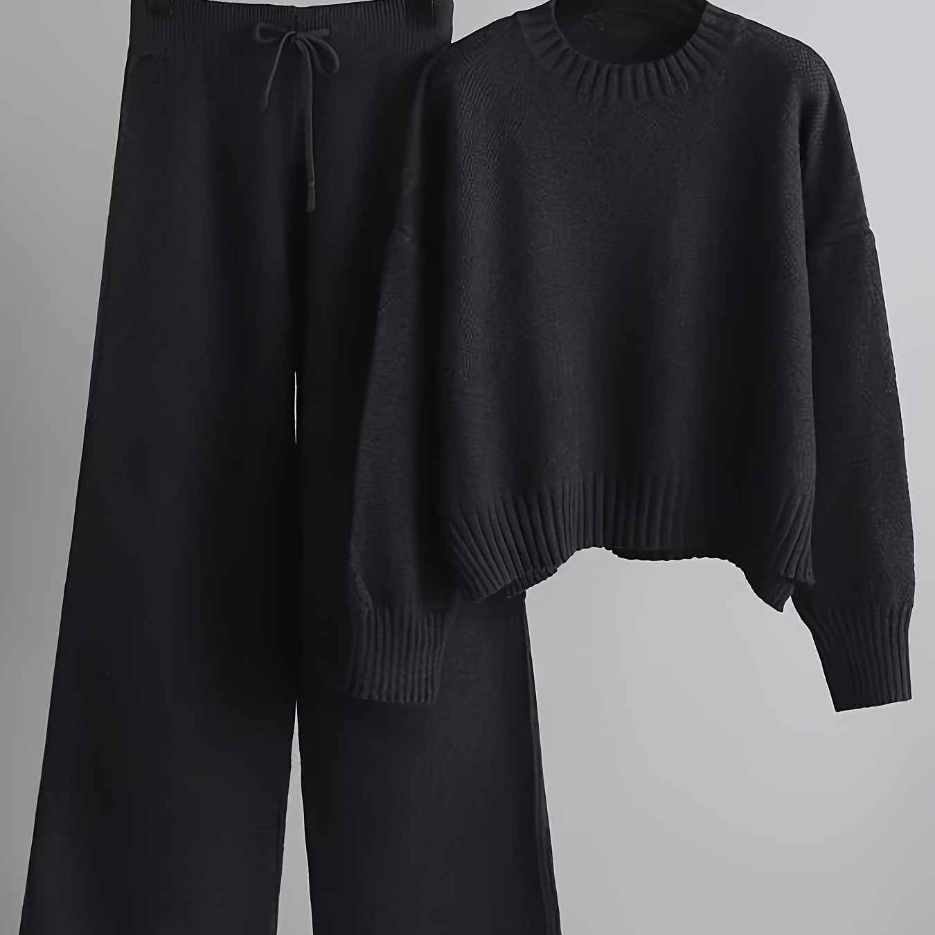 Damen-Set aus Strickpullover und Hose mit weitem Bein – lässig, langärmlig, einfarbig