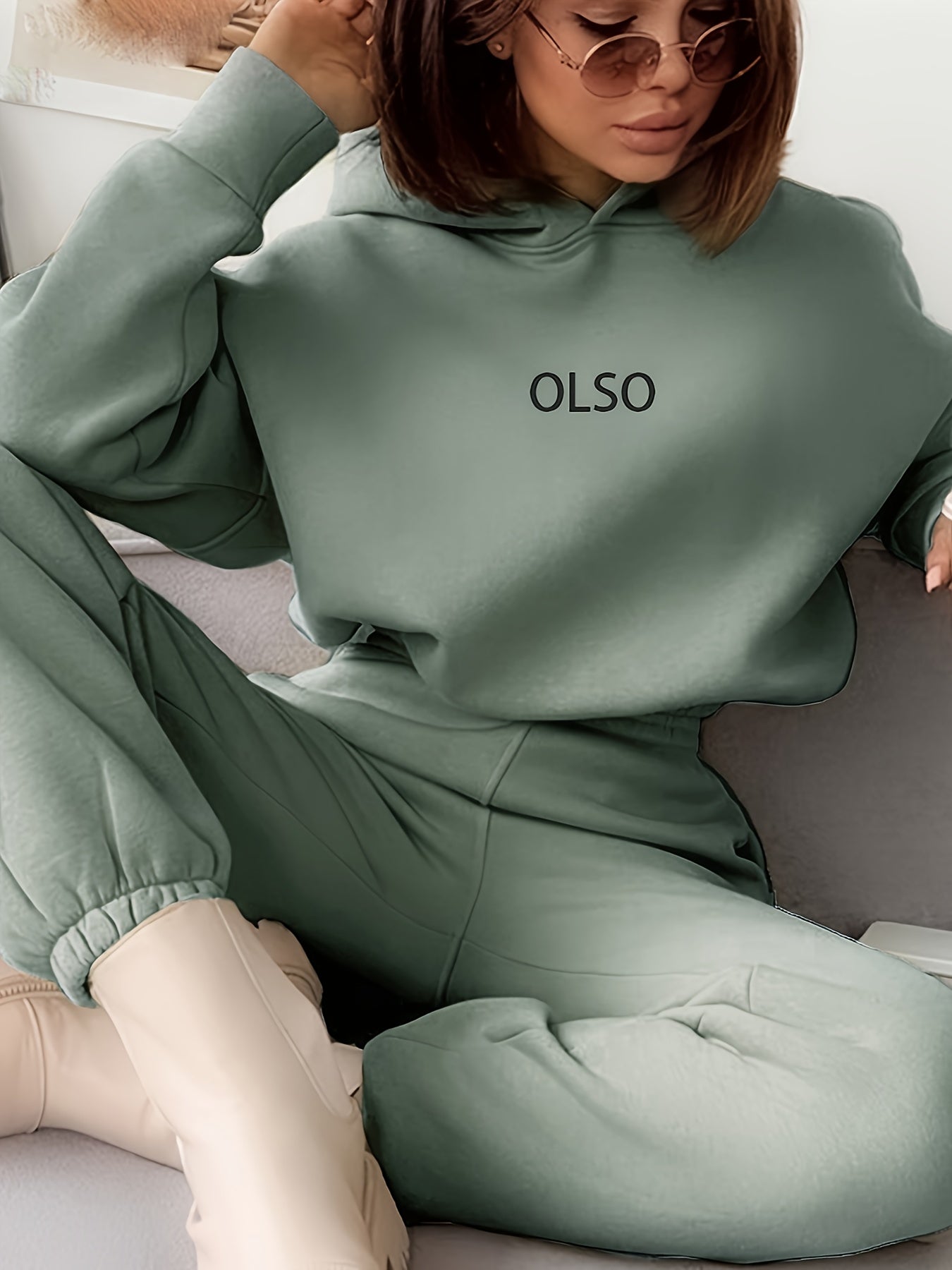 Casual Two-Piece Set - Letter Print Hooded Sweatshirt & Elastic Waist Sweatpants