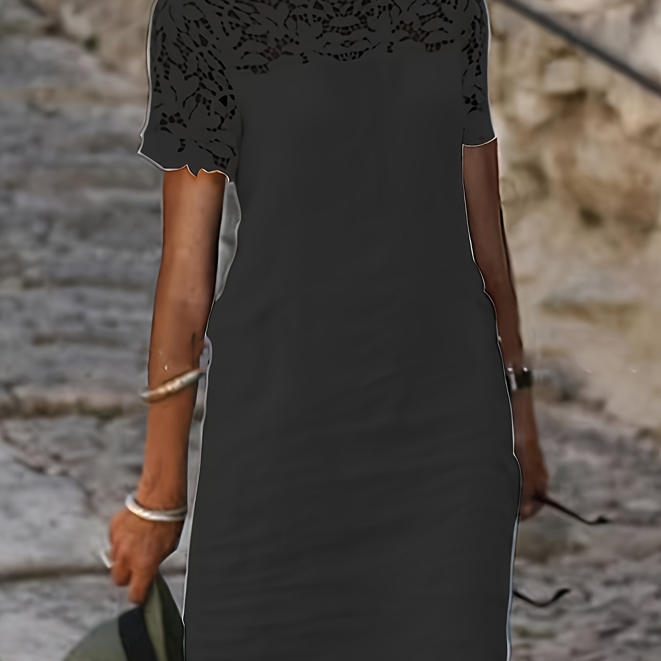 Vestido com renda sólida, manga curta elegante, perfeito para primavera e outono.