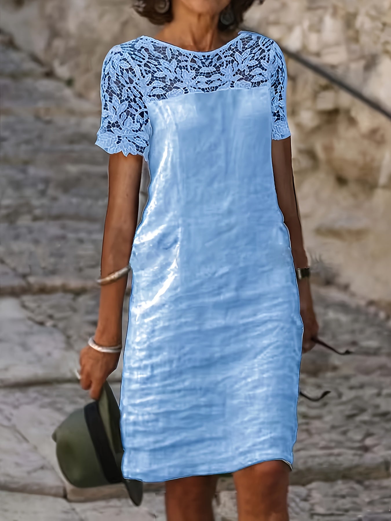 Vestido com renda sólida, manga curta elegante, perfeito para primavera e outono.