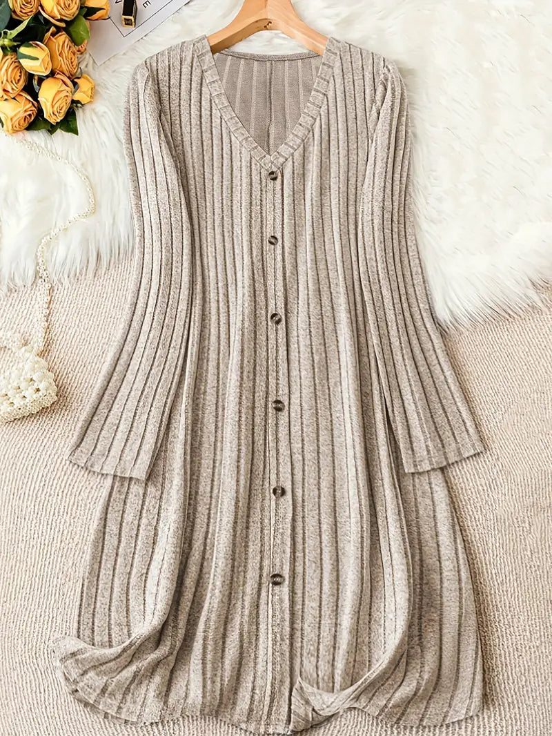 Plus Size V-Neck Ribbed Dress – Long Sleeve, Button Front, Casual Fall & Winter Wear