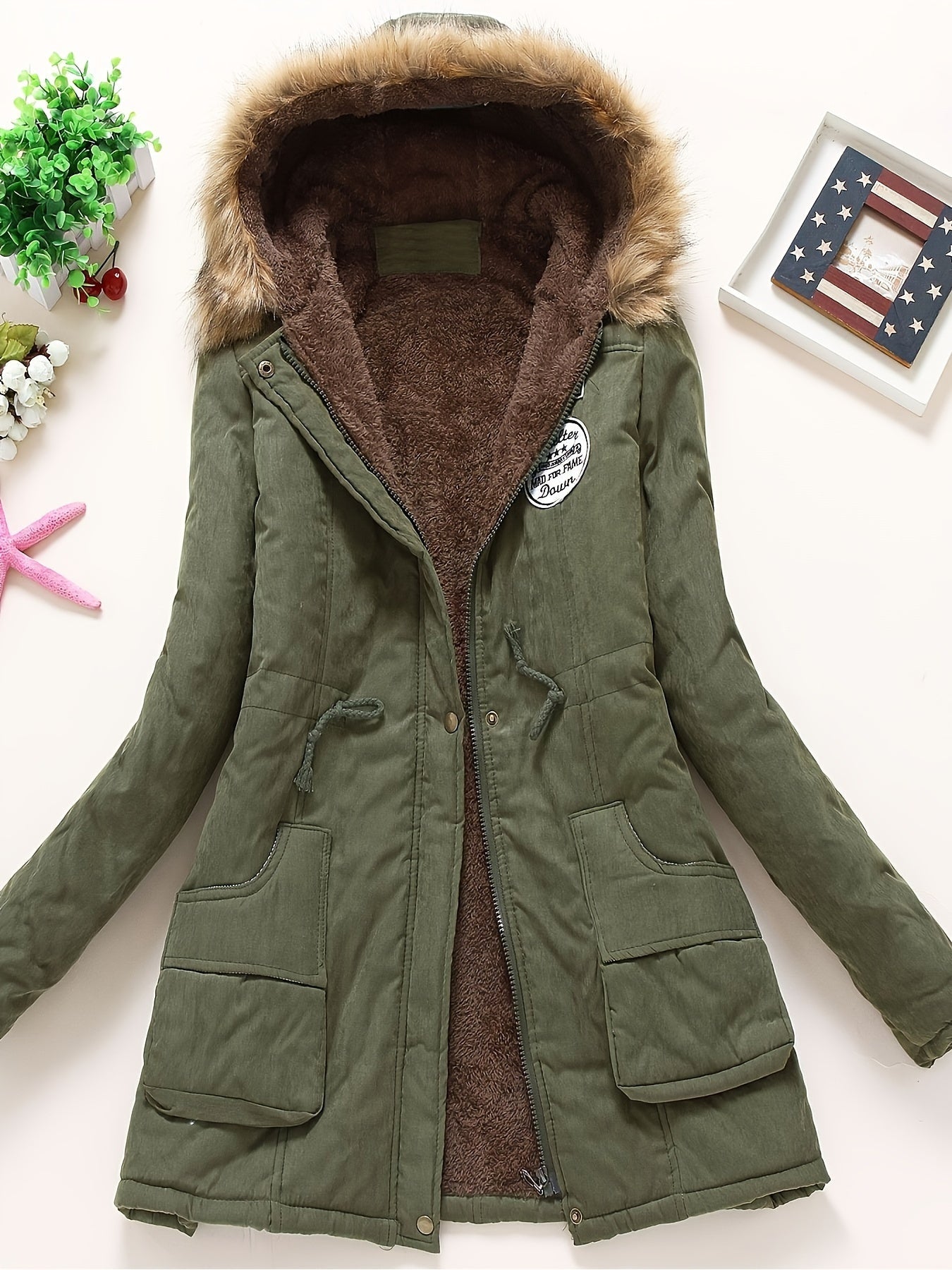 Winter Hooded Fleece Jacket, Zip-Up with Fur Collar