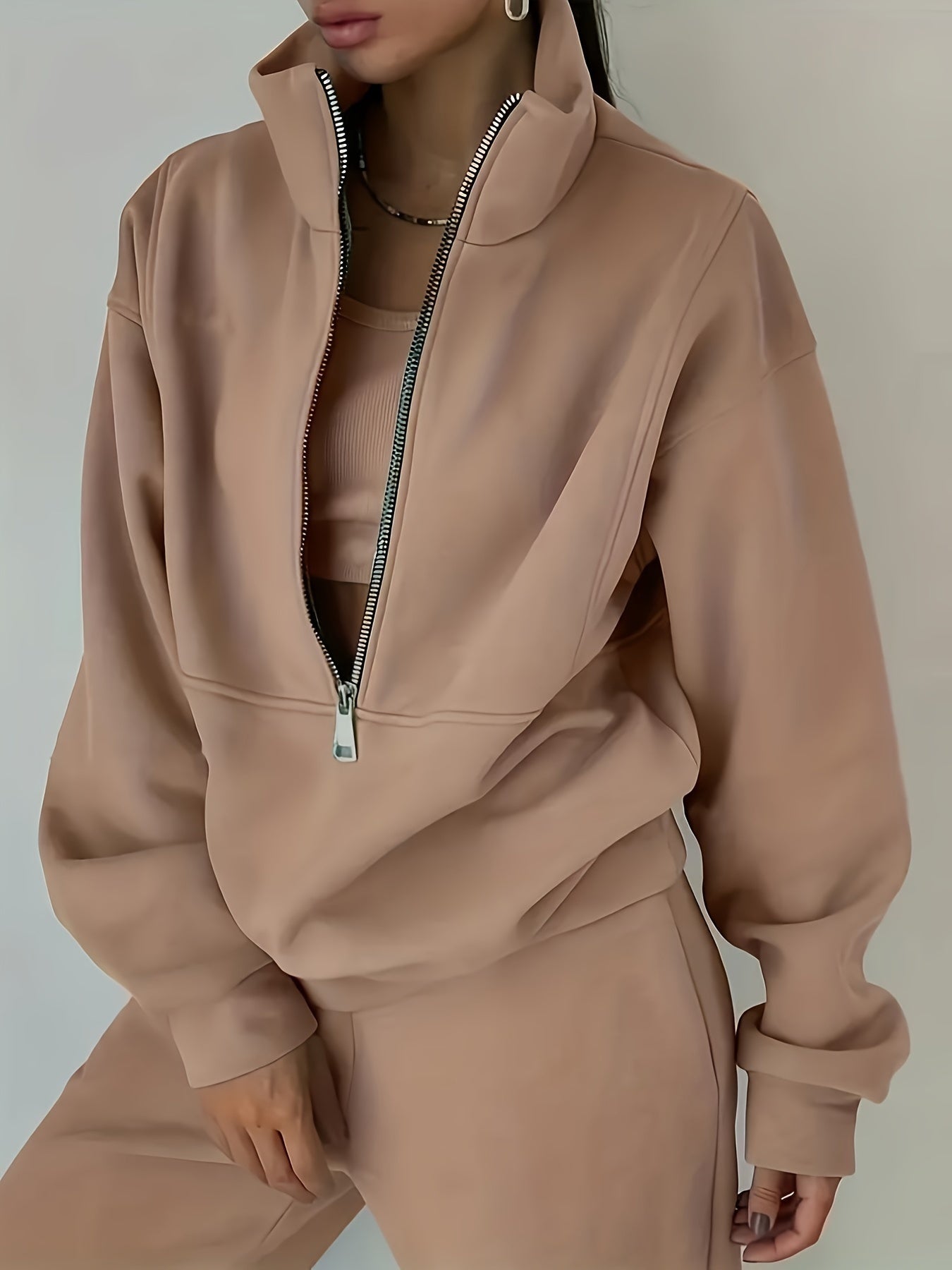 Solid Two-piece Set, Zip Front Sweatshirt & Elastic Waist Pants