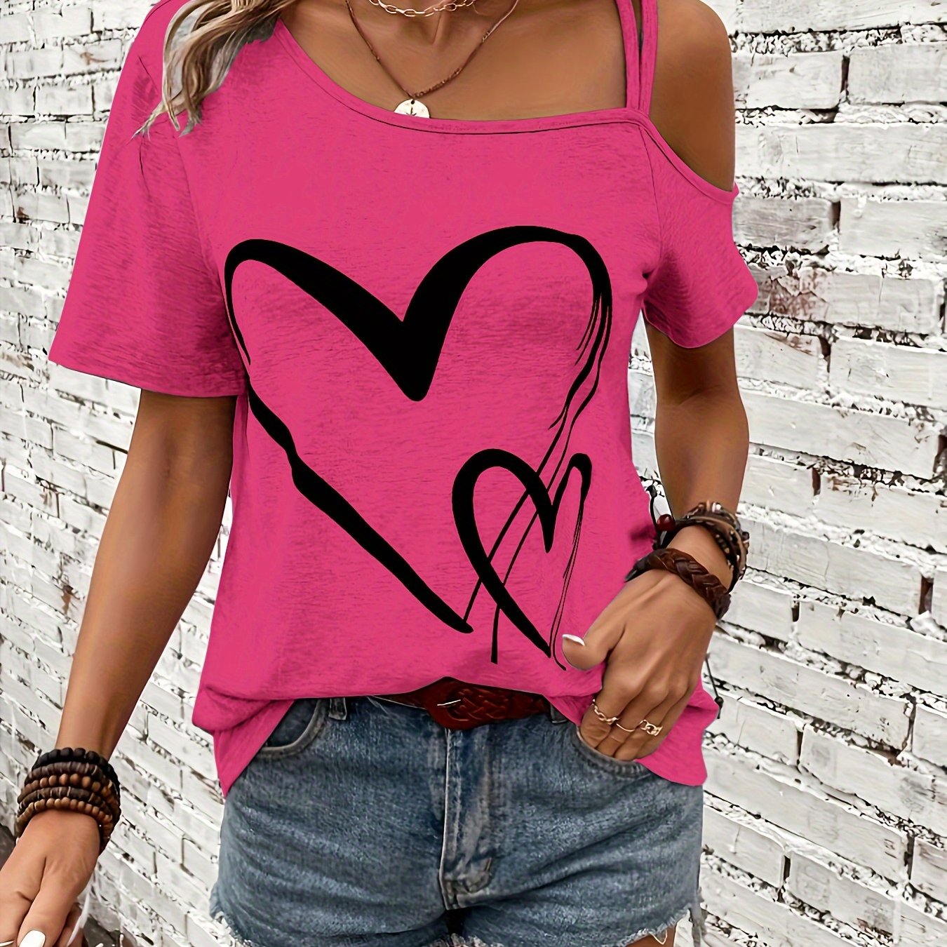 Stylish Heart Print One Shoulder Short Sleeve T-shirt - Elegant Asymmetrical Polyester Top with Micro Elasticity - Perfect for Summer, Womens Regular Length Knit Fabric Clothing