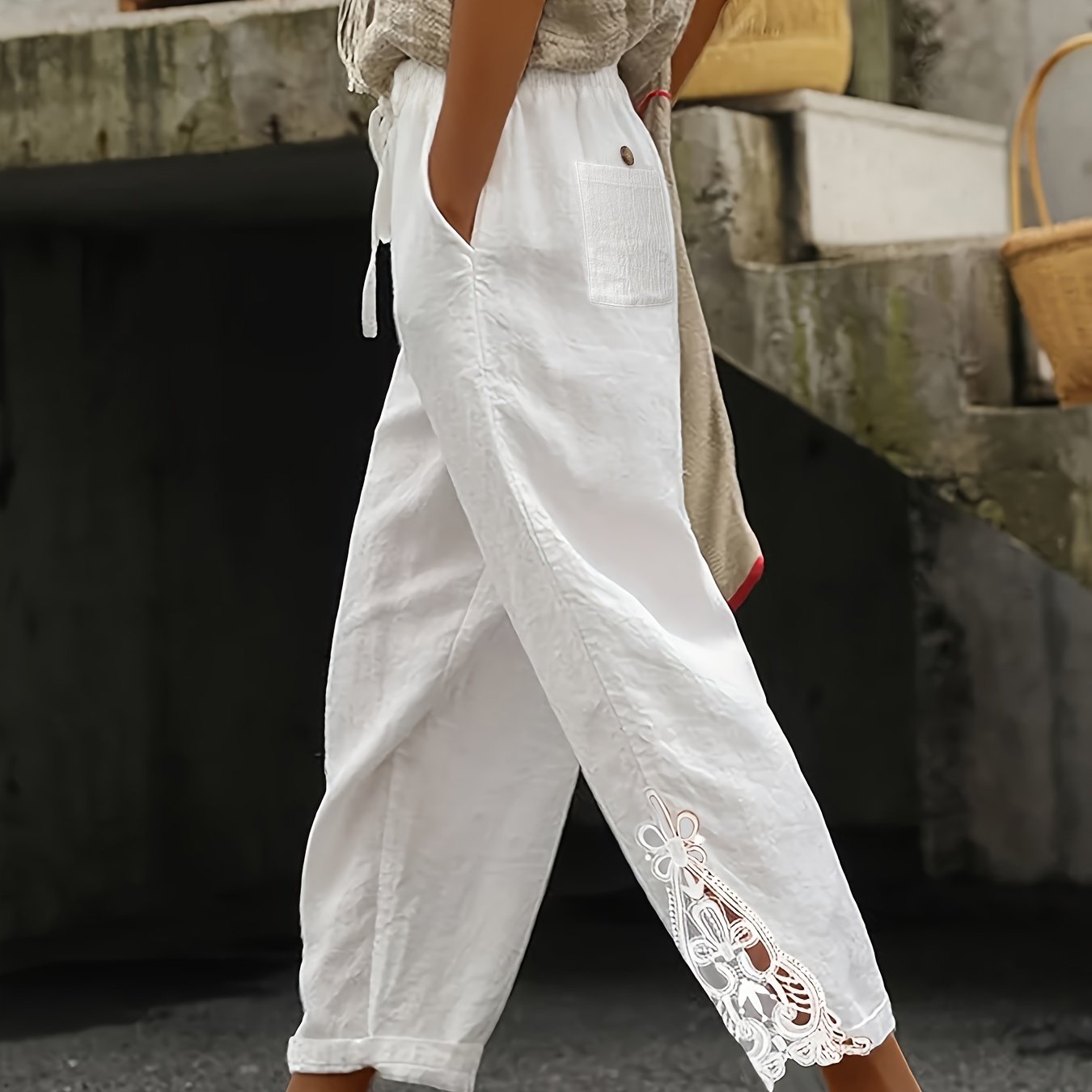 Chic Lace-Trimmed Elastic Waist Trousers - Breathable, Relaxed Fit for Spring & Summer - Womens Fashion Pants