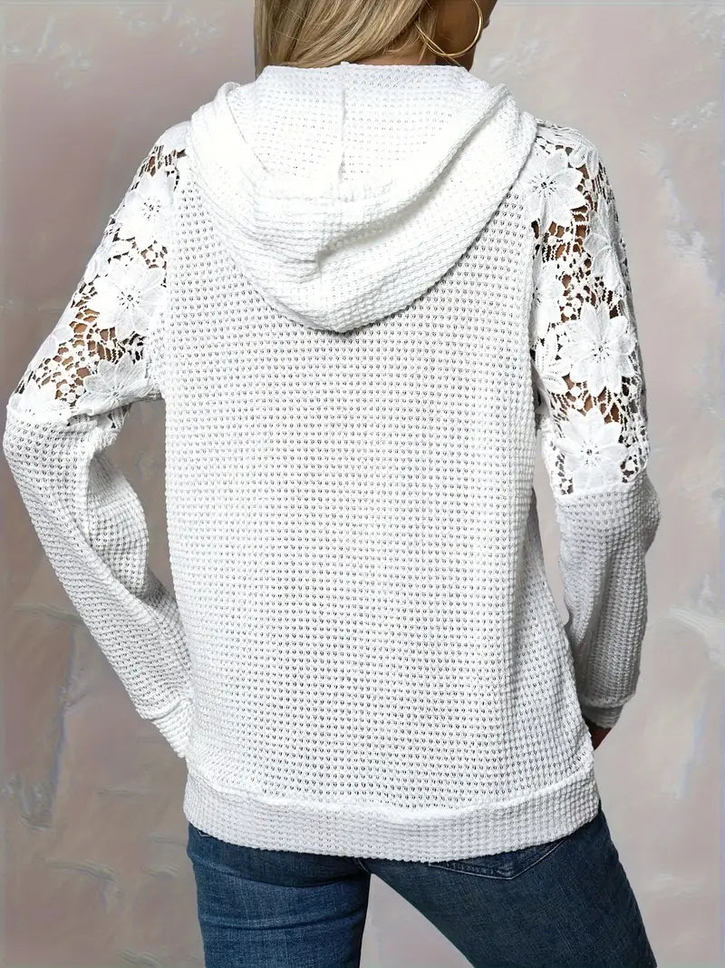 Moletom com capuz feminino chique com acabamento em renda branca – manga comprida casual, ombros raglan, malha waffle, lavável à máquina