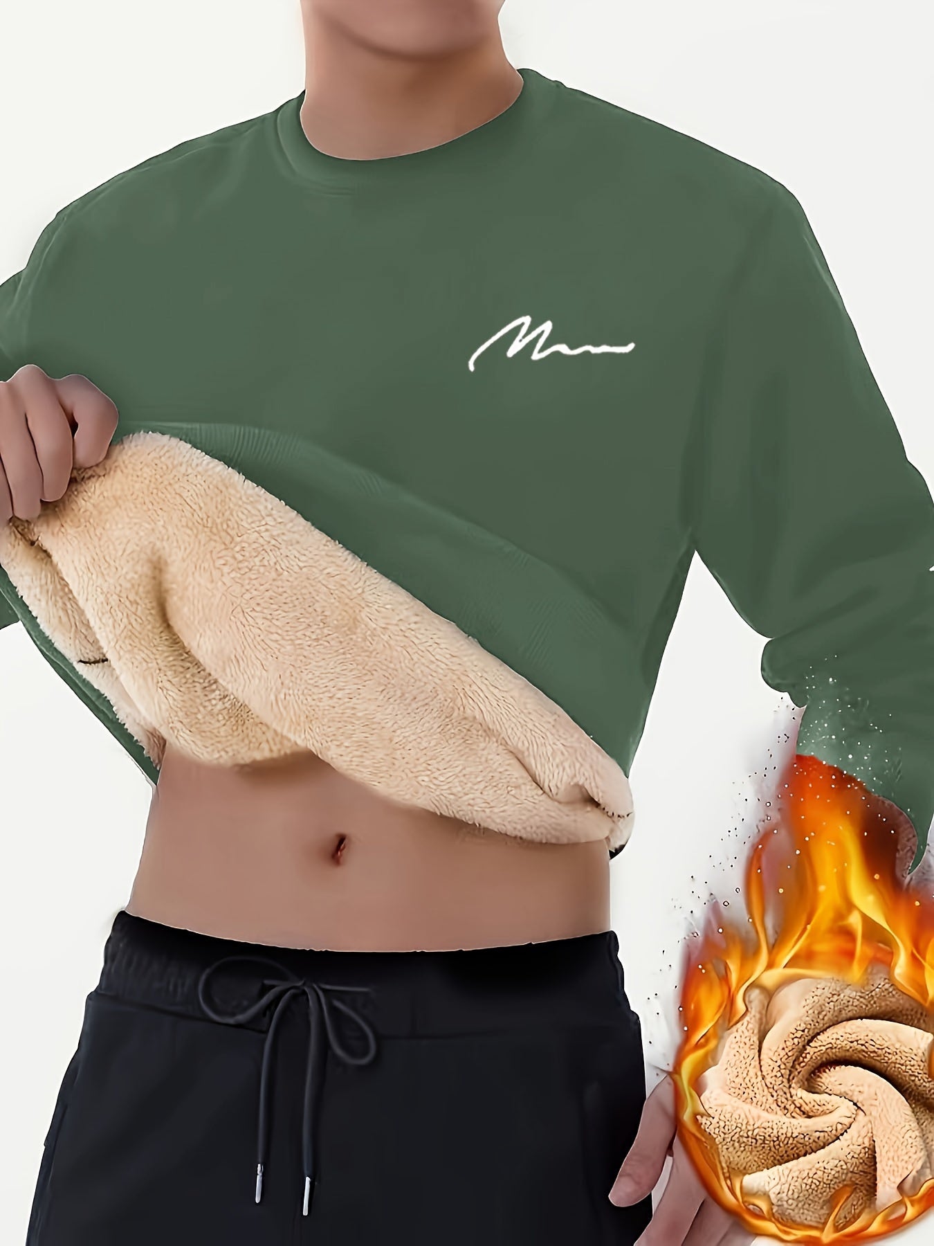 Men's Winter Fleece-Lined Sherpa Sweatshirt, Crew Neck, Casual Knit