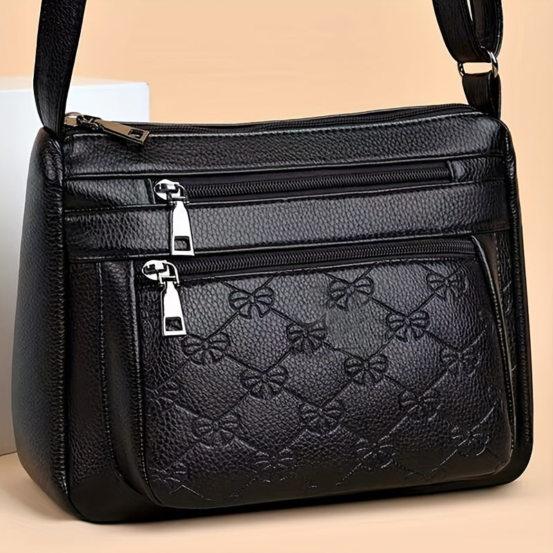 Bolsa acolchoada crossbody - couro sintético, cor sólida, enfeite de borla, fecho de zíper