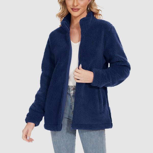 Women's Fuzzy Sherpa Jacket - Full-Zip Warm Fleece Teddy Coat with Zipper Pockets