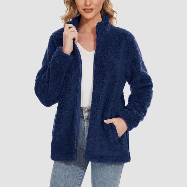 Women's Fuzzy Sherpa Jacket - Full-Zip Warm Fleece Teddy Coat with Zipper Pockets