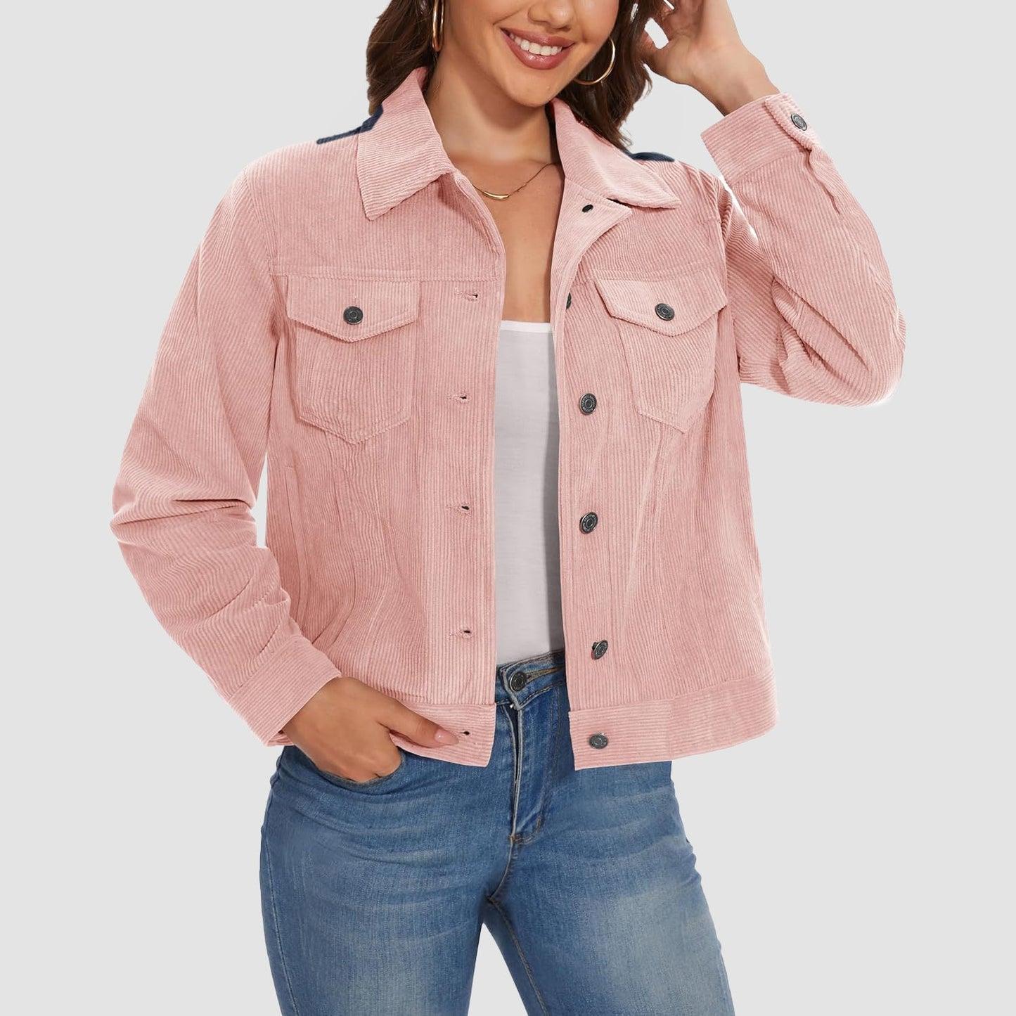 Women's Casual Corduroy Jackets Soft Warm Button Down Shacket Jacket Long Sleeve Fall Outerwear with Pockets