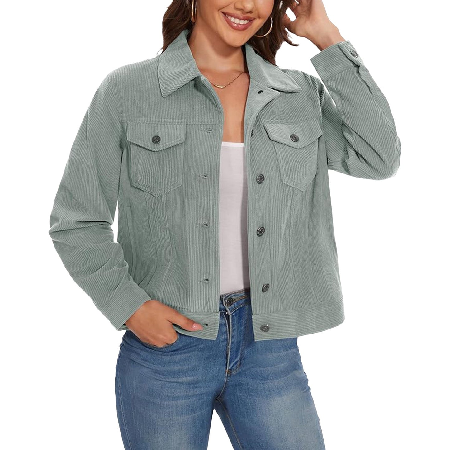 Women's Casual Corduroy Jackets Soft Warm Button Down Shacket Jacket Long Sleeve Fall Outerwear with Pockets