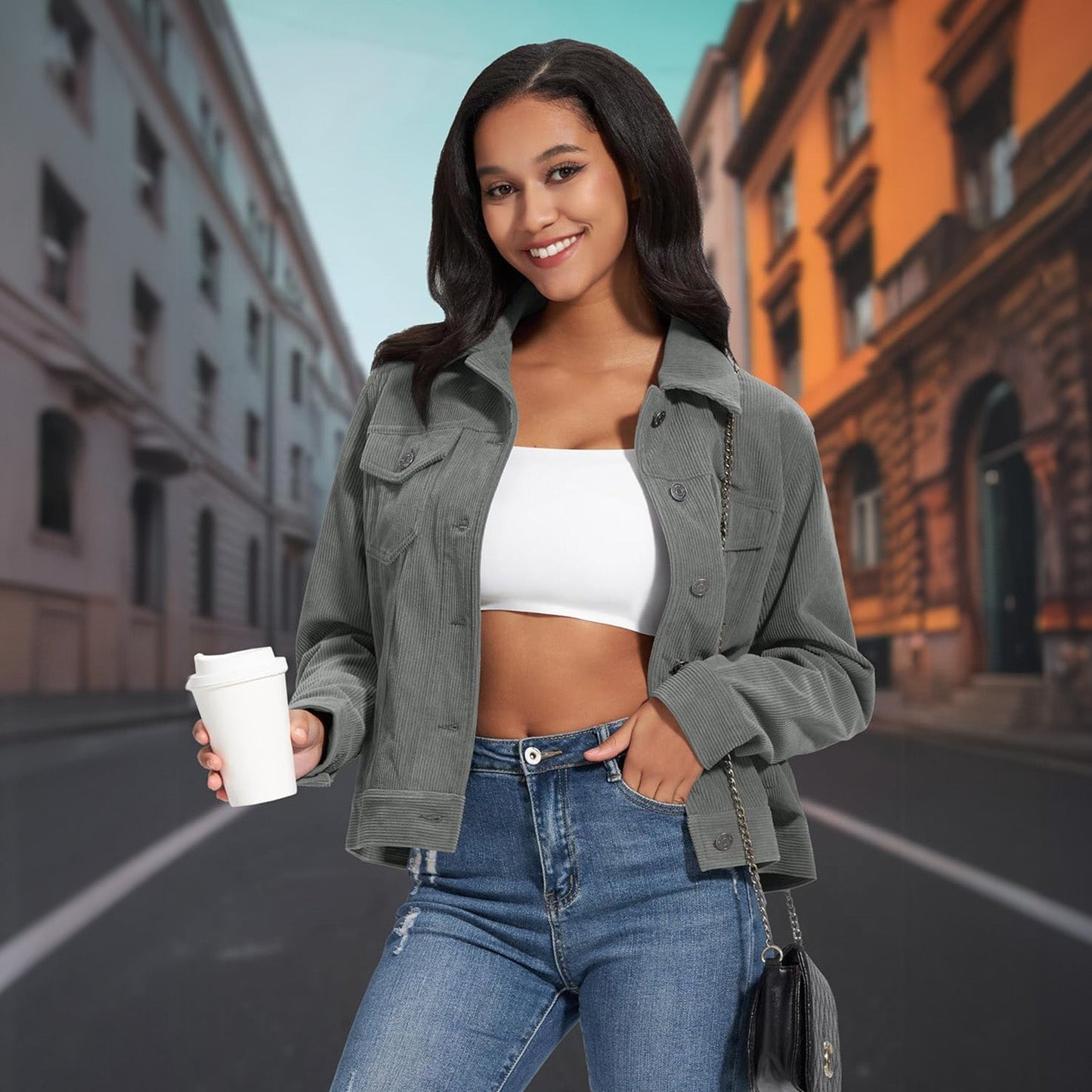 Women's Casual Corduroy Jackets Soft Warm Button Down Shacket Jacket Long Sleeve Fall Outerwear with Pockets