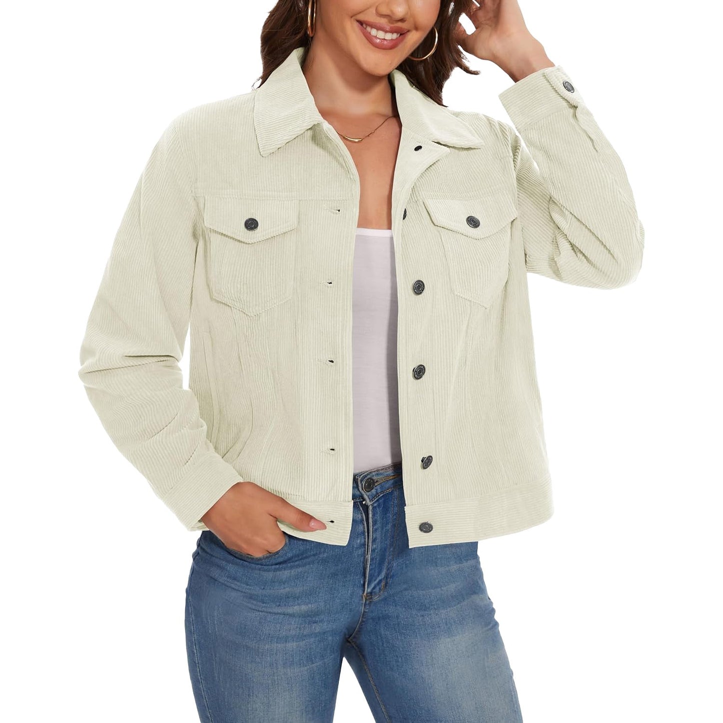 Women's Casual Corduroy Jackets Soft Warm Button Down Shacket Jacket Long Sleeve Fall Outerwear with Pockets
