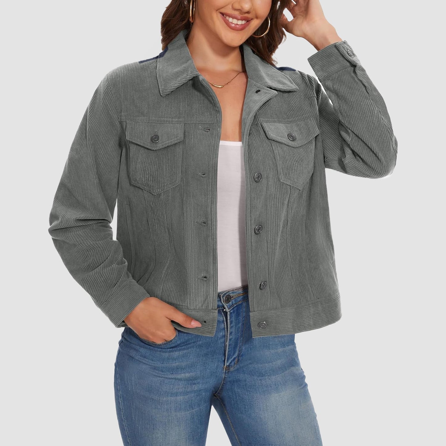 Women's Casual Corduroy Jackets Soft Warm Button Down Shacket Jacket Long Sleeve Fall Outerwear with Pockets