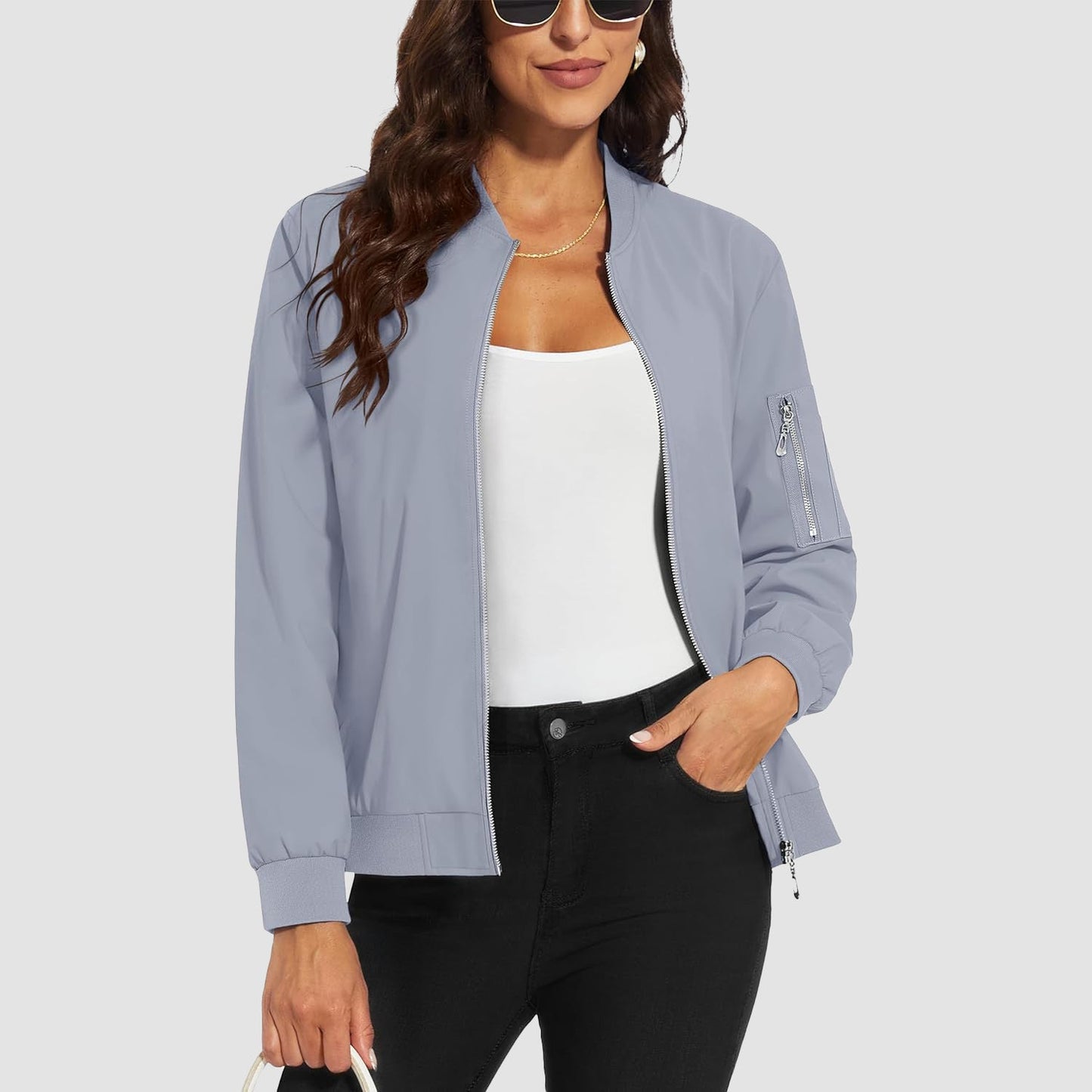Women's Lightweight Bomber Jacket | 5-Pocket Zip-Up Windbreaker