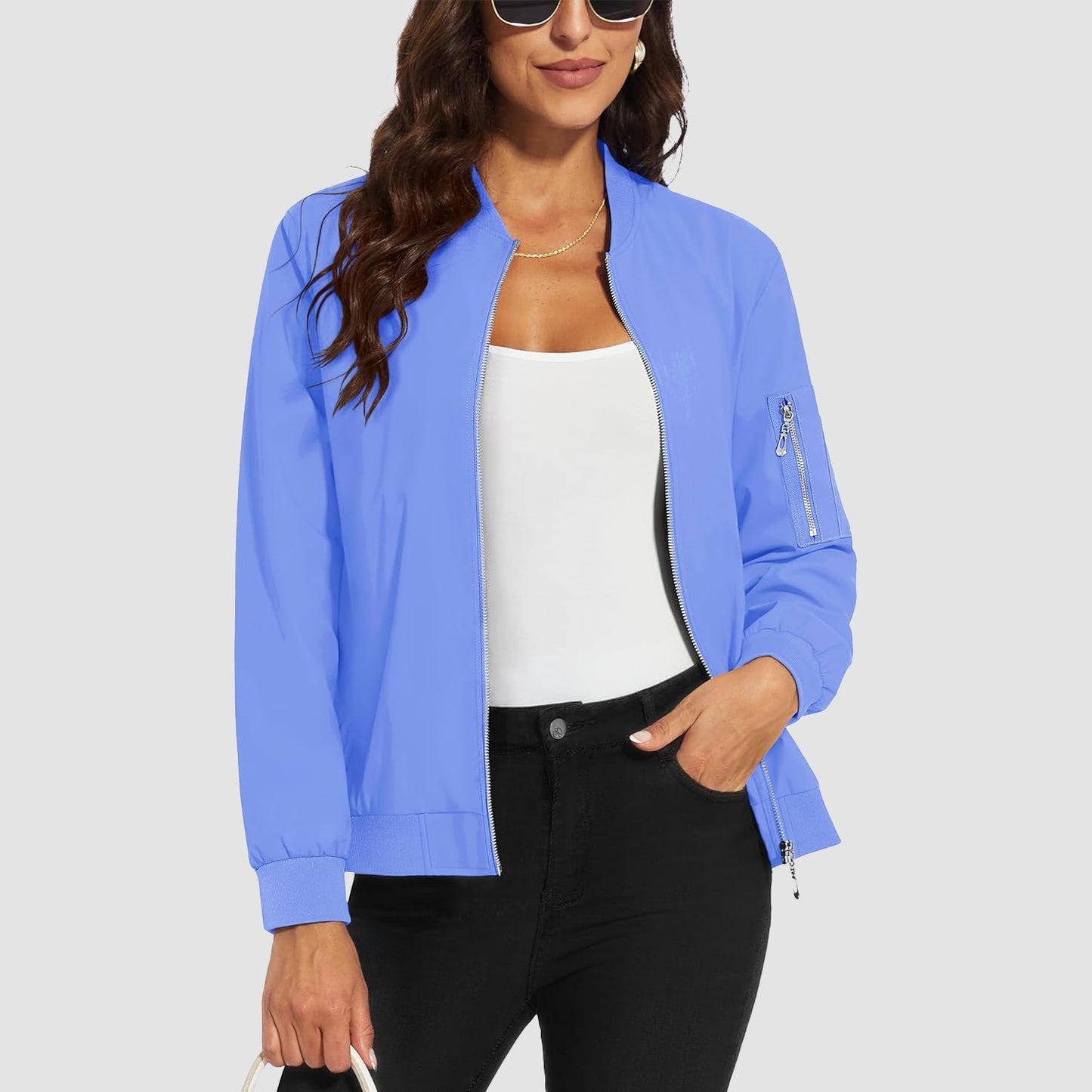 Women's Lightweight Bomber Jacket | 5-Pocket Zip-Up Windbreaker